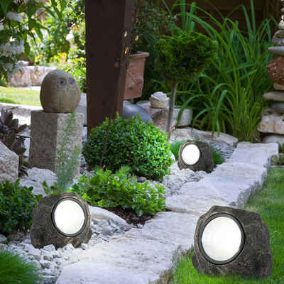 etc-shop Gartenleuchte, LED-Leuchtmittel fest verbaut, 3er Set Stein Design LED Solar Lampe Deko Leuchte IP44 Beleuchtung