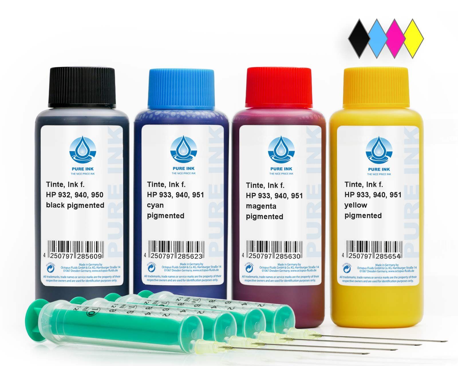 OCTOPUS Fluids Nachfülltinten Set für HP 932, 933, 940, 950, 951, 4 Farben Nachfülltinte (für HP, 4x 100 ml)