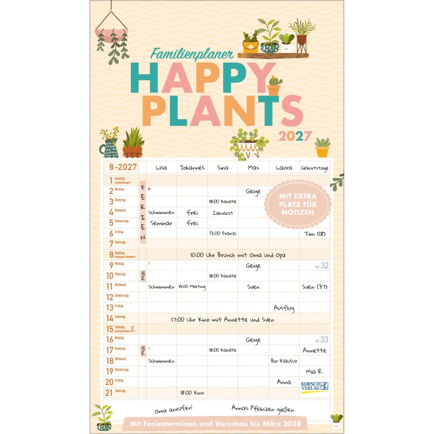 Korsch Verlag Wandkalender Familienplaner Happy Plants 2027