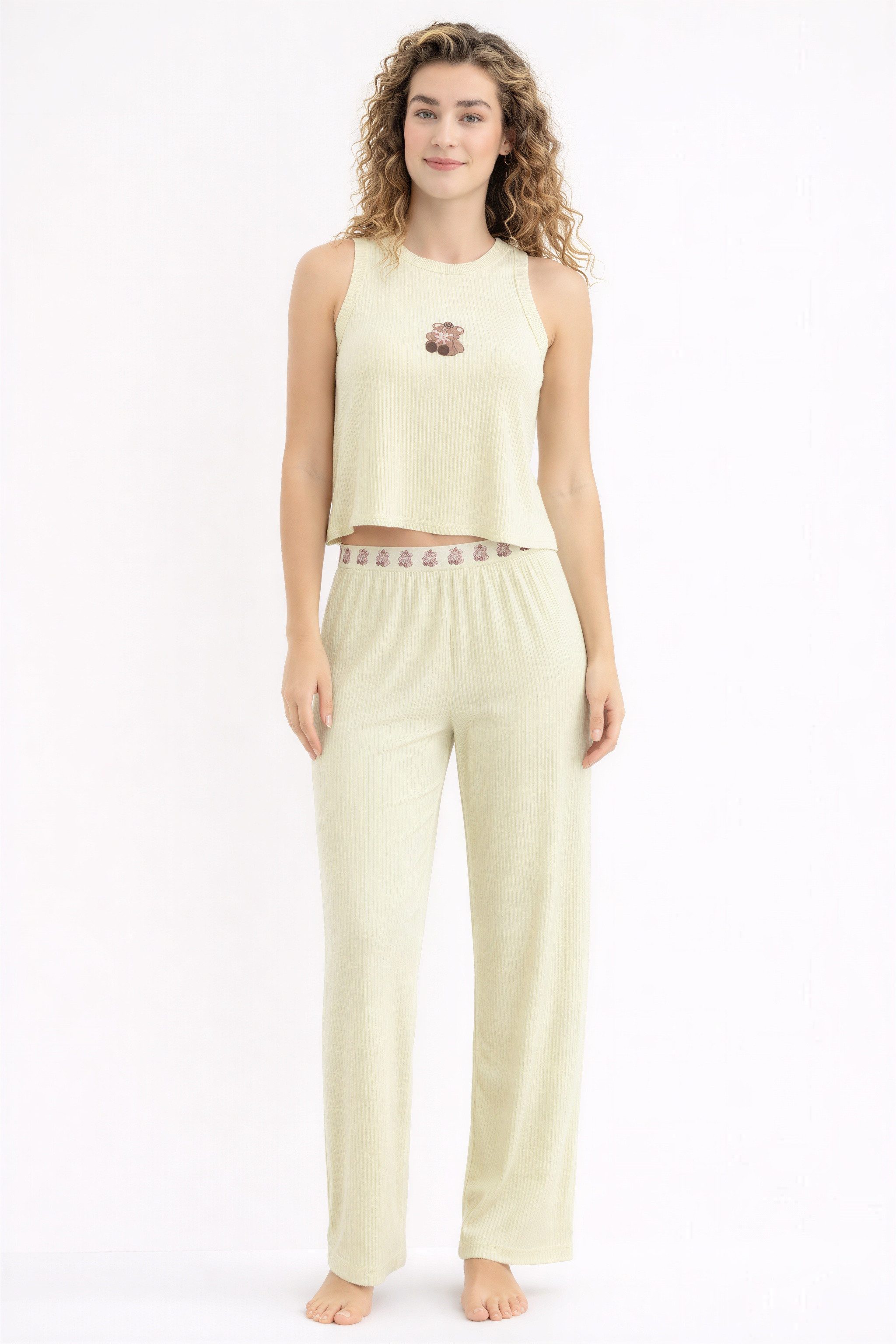 fashionshowcase Pyjama Damen Hausanzug 2-teiliges Schlafanzug Set mit elastischem Bund (2-teilig (Top + Hose) Luftiger Schnitt, elastischer Bund mit Muster, weicher Rippenjersey