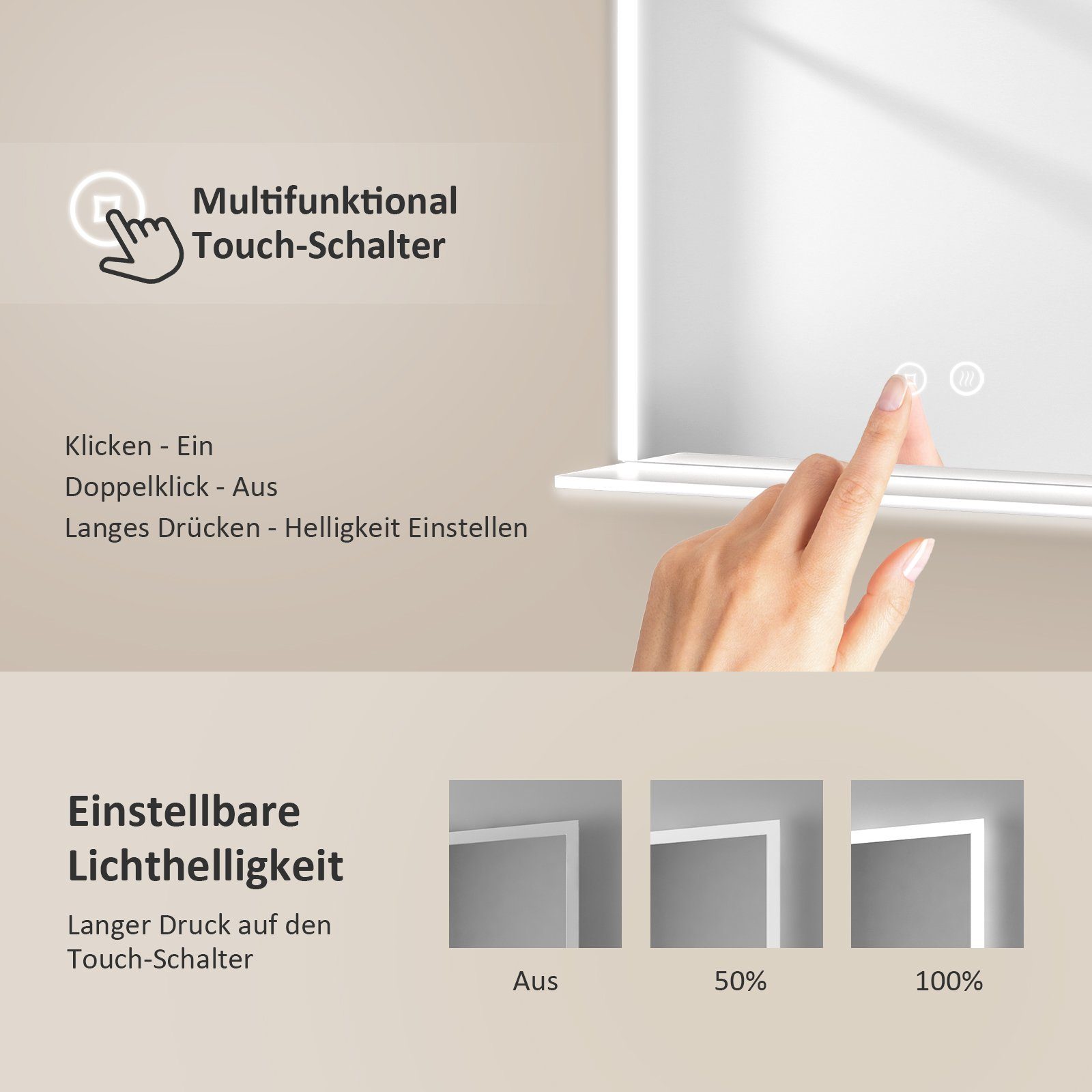 EMKE Badspiegel LED-Badspiegel mit beleuchteter Glasablage, Kaltweiß, dimmbar, Antibeschlag, Touch, Memory, IP44 50 × 70 cm – Bild 4 von 5