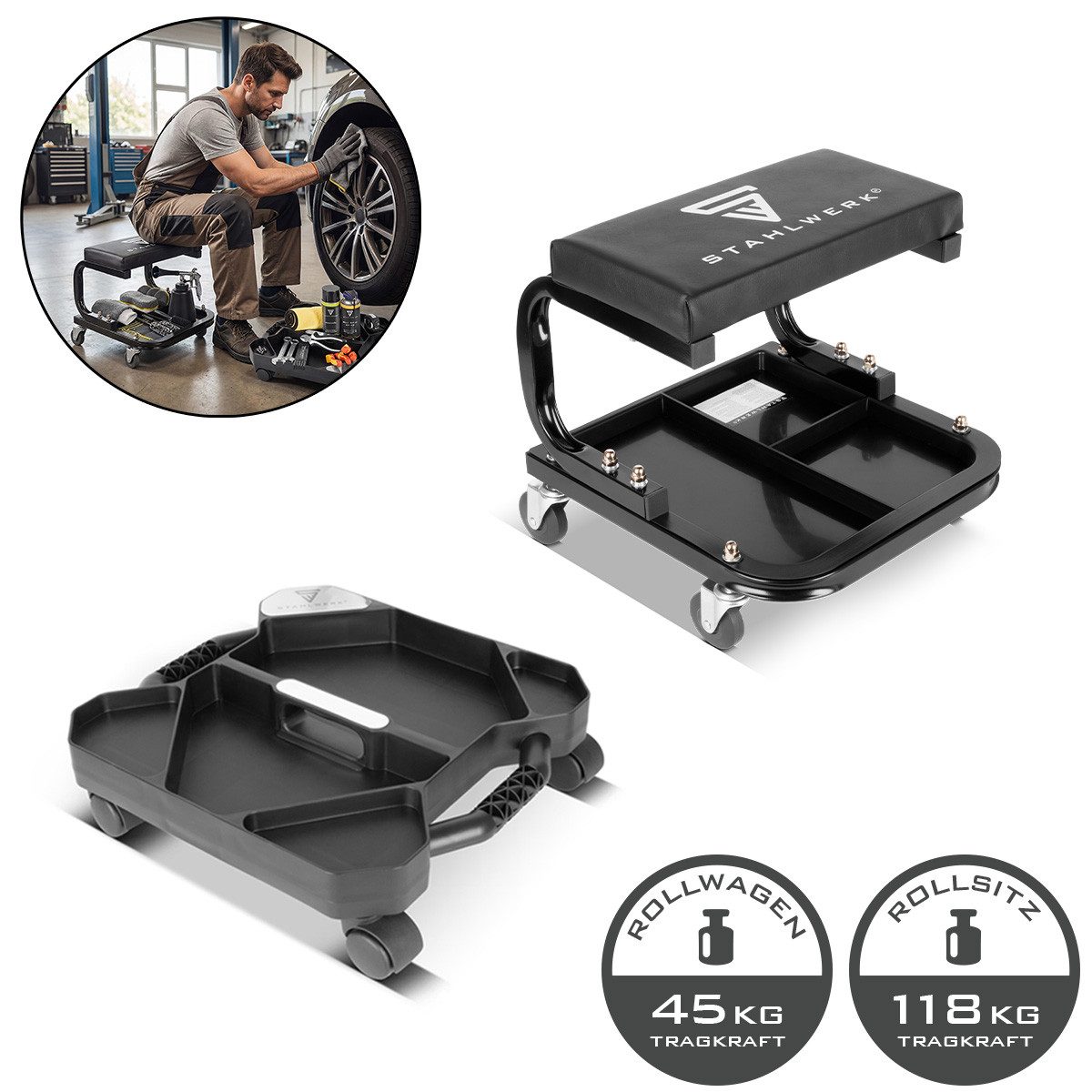 STAHLWERK Werkzeugwagen Werkstatthocker 118 kg mobiler Werkzeug Organizer mit 5 Fächern 45 kg