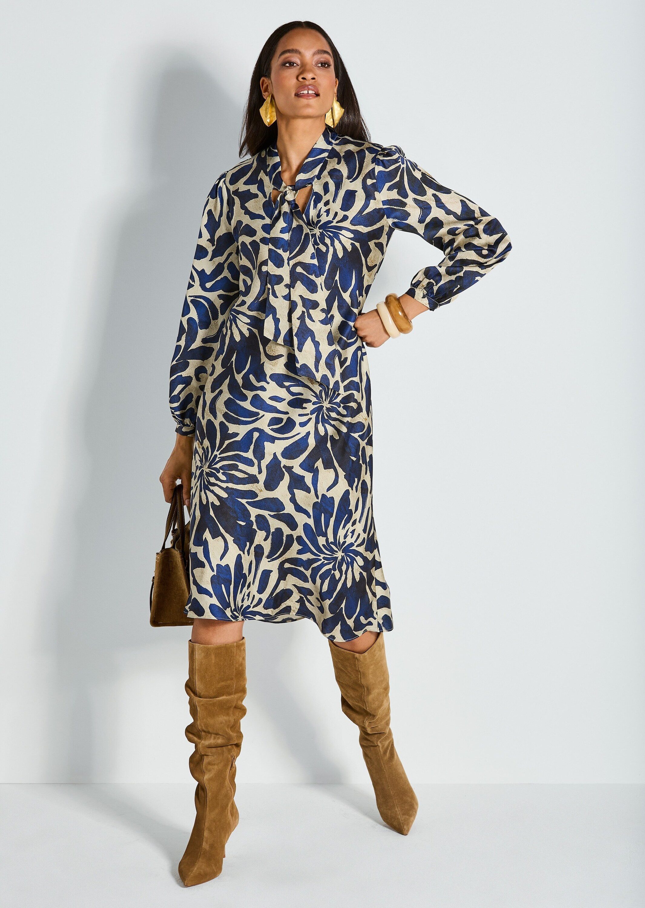 MADELEINE Midikleid Elegantes Viskosekleid mit Blumenmuster Druckkleid mit V-Ausschnitt, Bindeband und langen Ärmeln