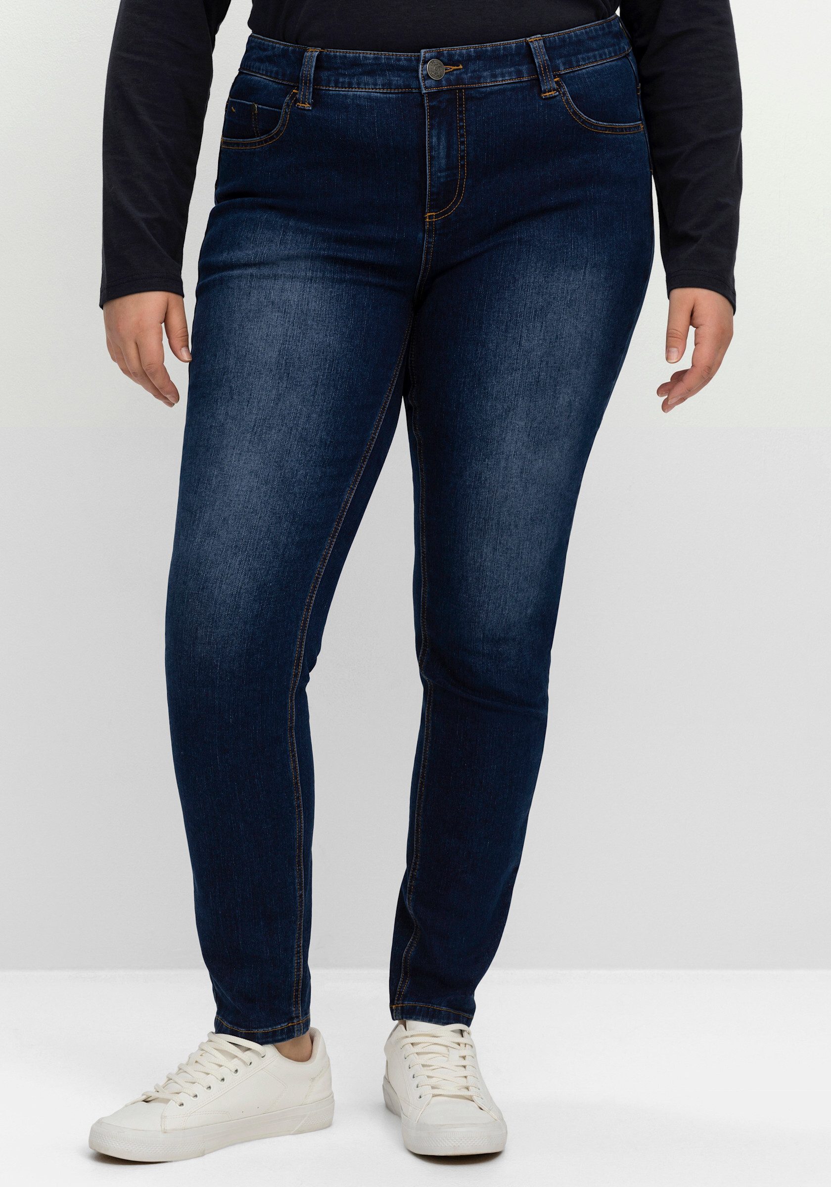 Sheego Bequeme Jeans Stretch-Jeans normal für sehr schmale Beine und mehr Bauch