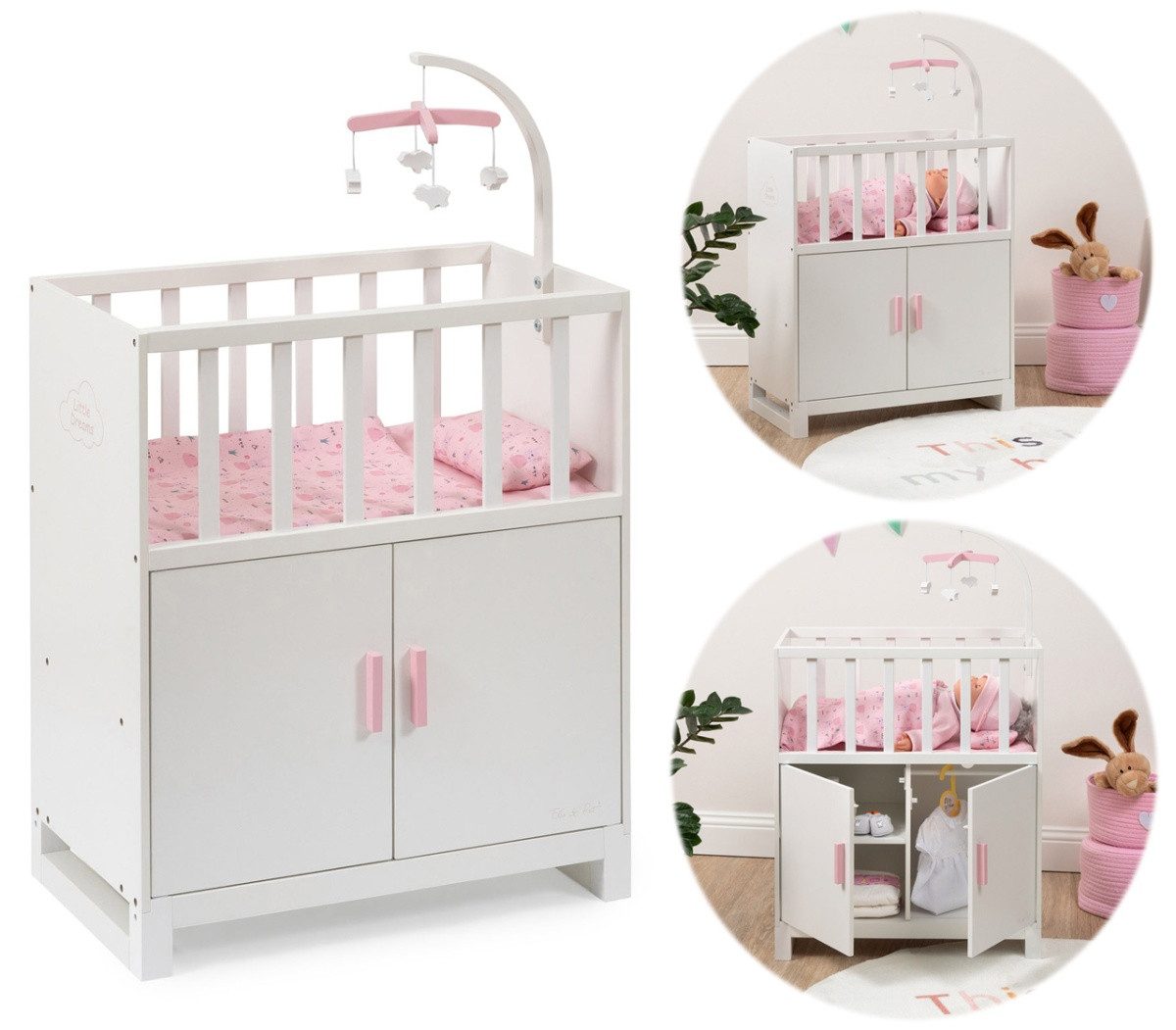 ELLA & PIET® Puppenbett COZY mit Schrank und Mobile aus Holz (Weiß-Rosa)
