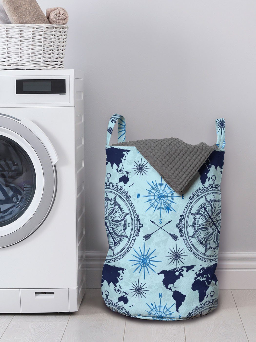 Wäschekorb für Waschsalons, Wäschesäckchen Weltkarte Kordelzugverschluss Abakuhaus Griffen Pfeil-Muster mit Kompass