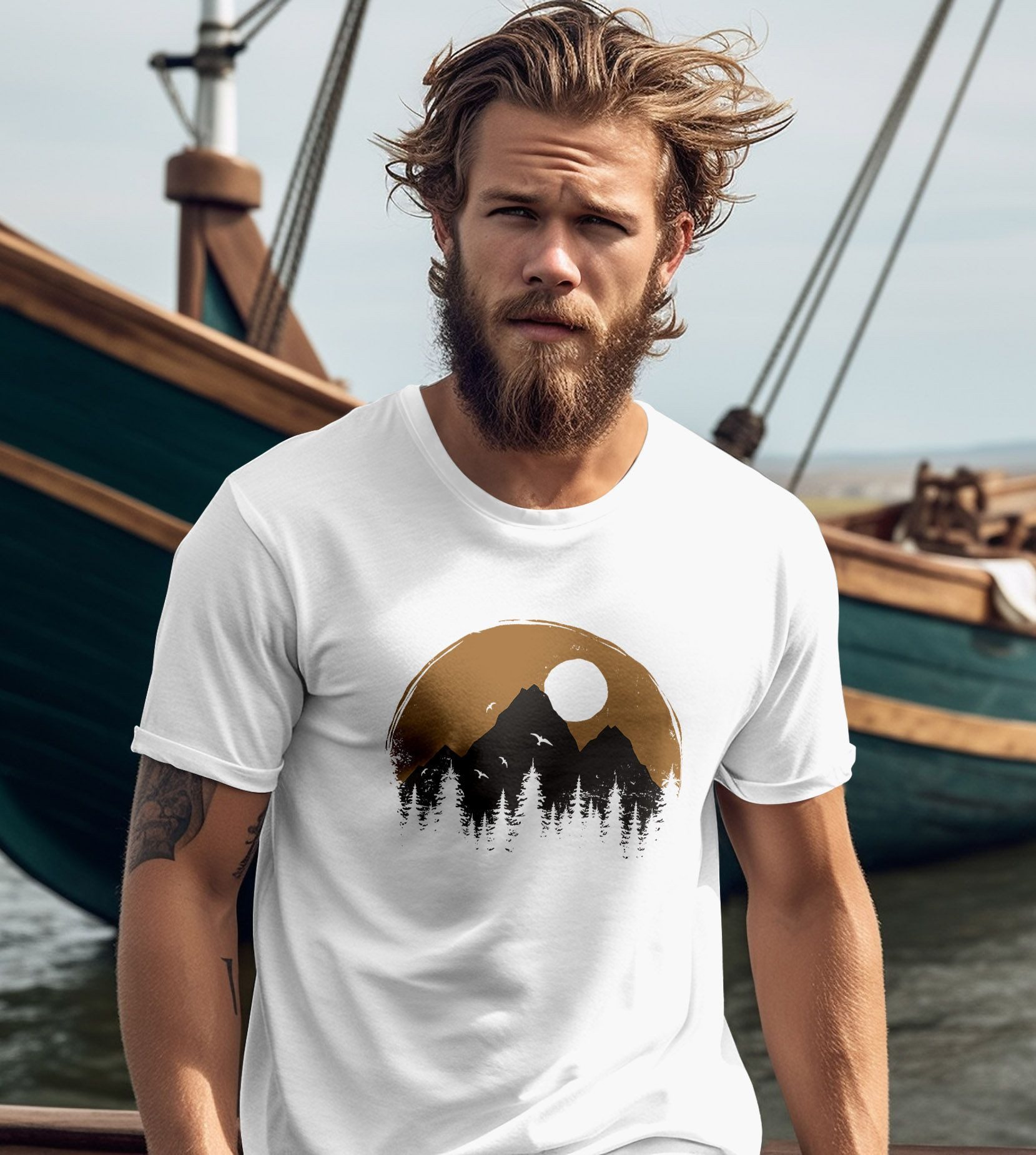 Neverless Print-Shirt Herren T-Shirt Outdoor Print Natural Badge Logo Wandern Fashion mit Print