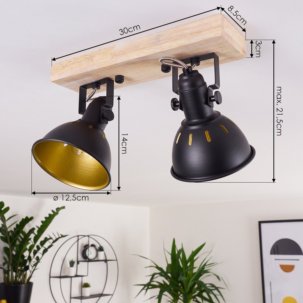 hofstein Deckenleuchte »Arazane« 2-flammiger aus Metall schwarz-gold und Holz, ohne Leuchtmittel, Retro Deckenlampe, 2xE14, die Leuchtenköpfe sind dreh-/schwenk – Bild 4 von 5