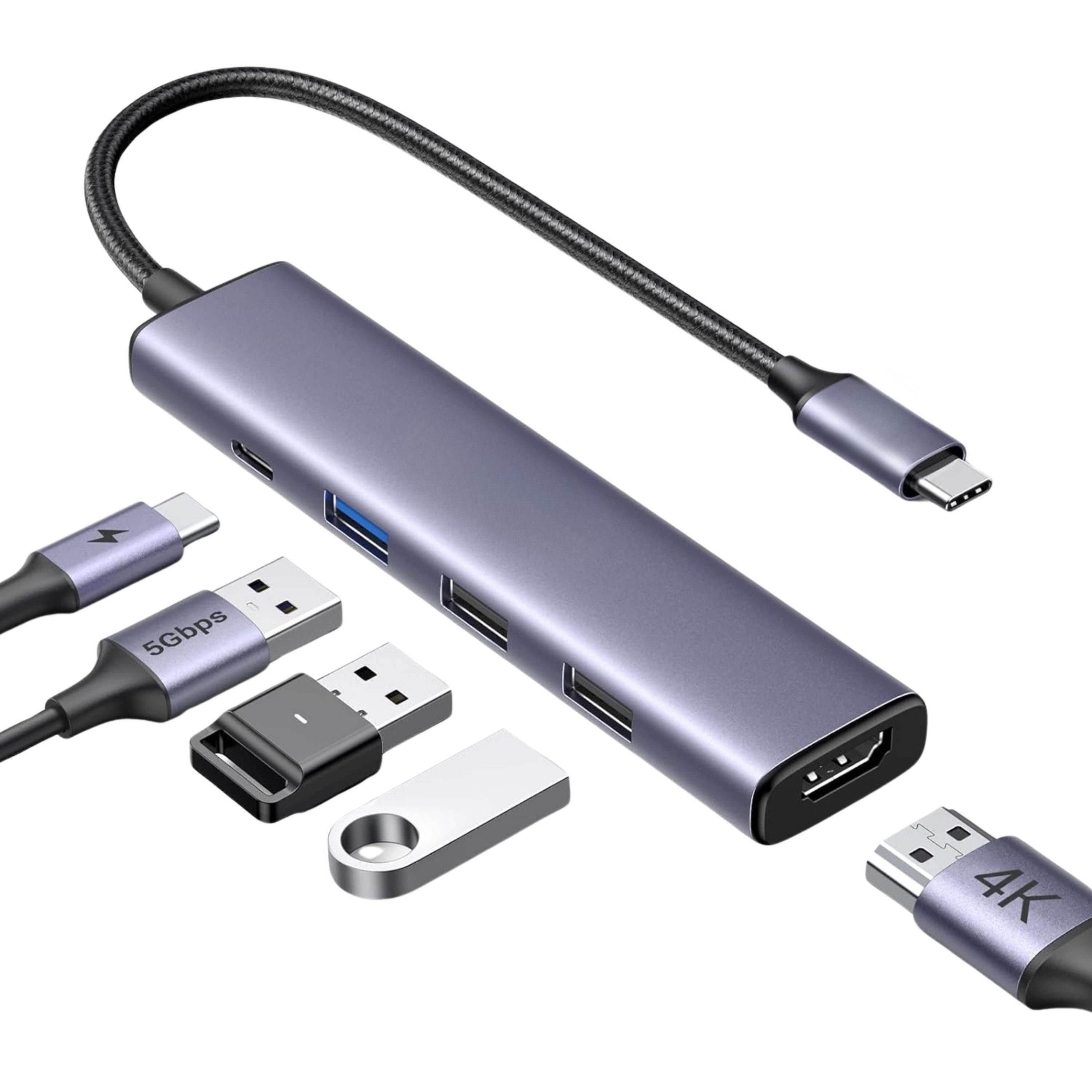 StellarLuma USB-Verteiler USB Hub USB Stick Verteiler Adapter 4k HDMI für Windows MacBook MacOS, Unterstützt 4K 30Hz über HDMI, klare Bildübertragung 5-in-1 Funktion