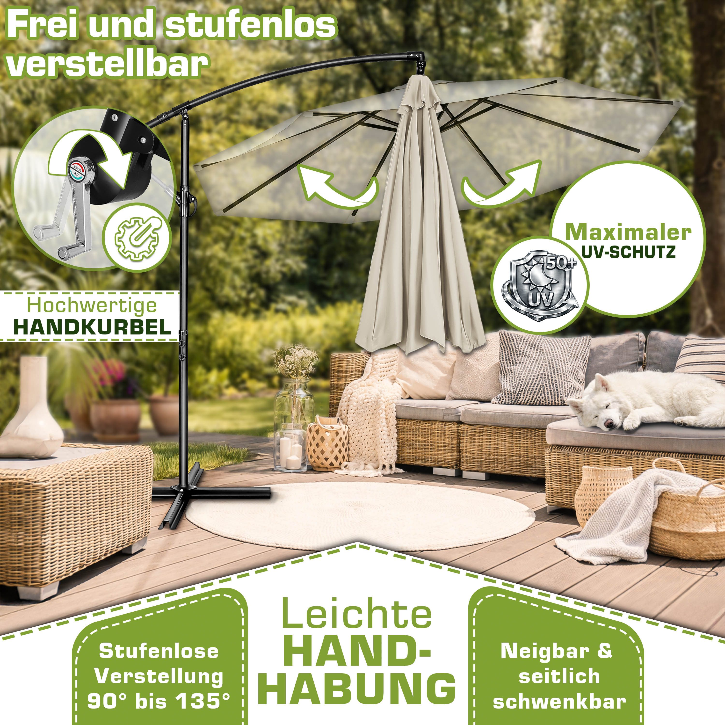 tillvex Sonnenschirm 300-350 cm Kurbel Ampelschirm mit Ständer, Abdeckung & Windsicherung, Gartenschirm UV-Schutz Aluminium – Bild 3 von 5