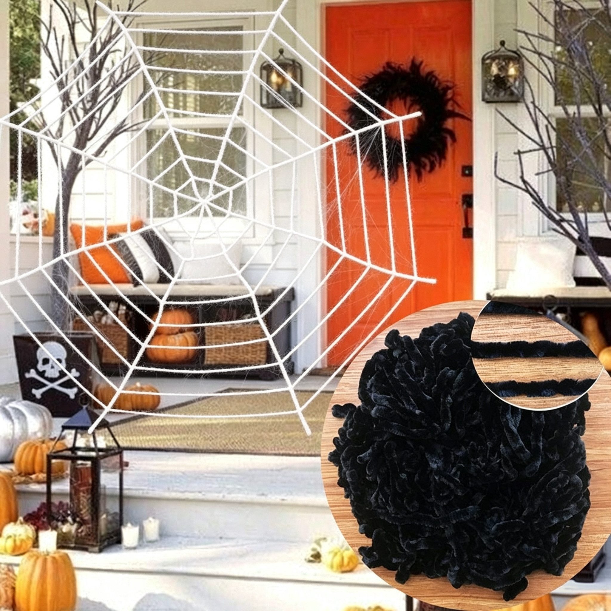 FOUORTUNATE-BEE Hängedekoration 3er Set Halloween Spinnen mit Spinnennetz, schwarze Gruseldeko Party, Große Halloween Spinnen mit Netz für Garten, Fenster und P – Bild 5 von 5