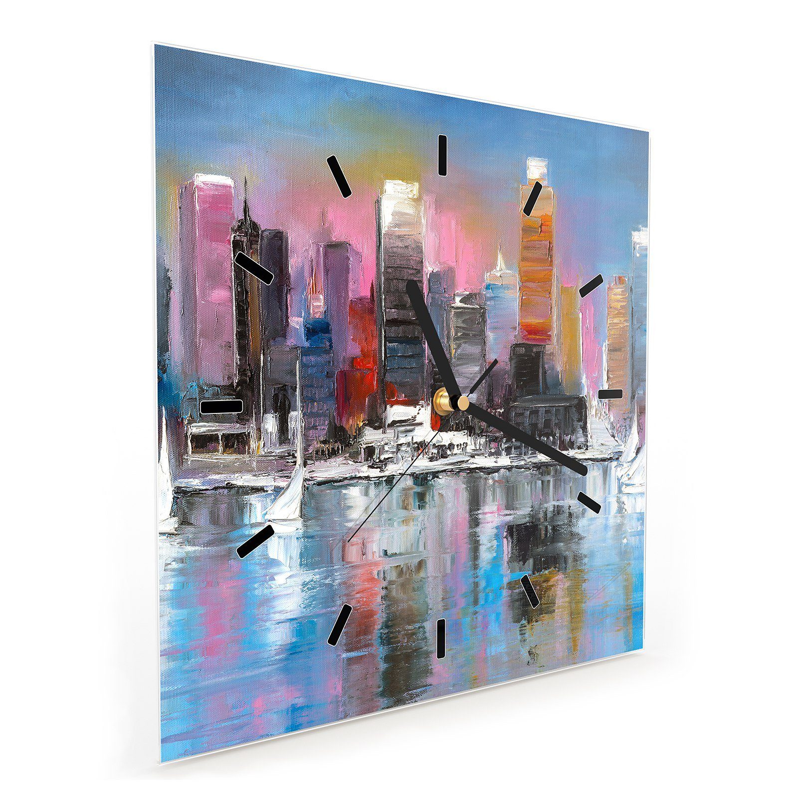 Primedeco Wanduhr Glasuhr Wanduhr Wandkunst mit Größe 30 x cm Motiv Malerische 30 Skyline