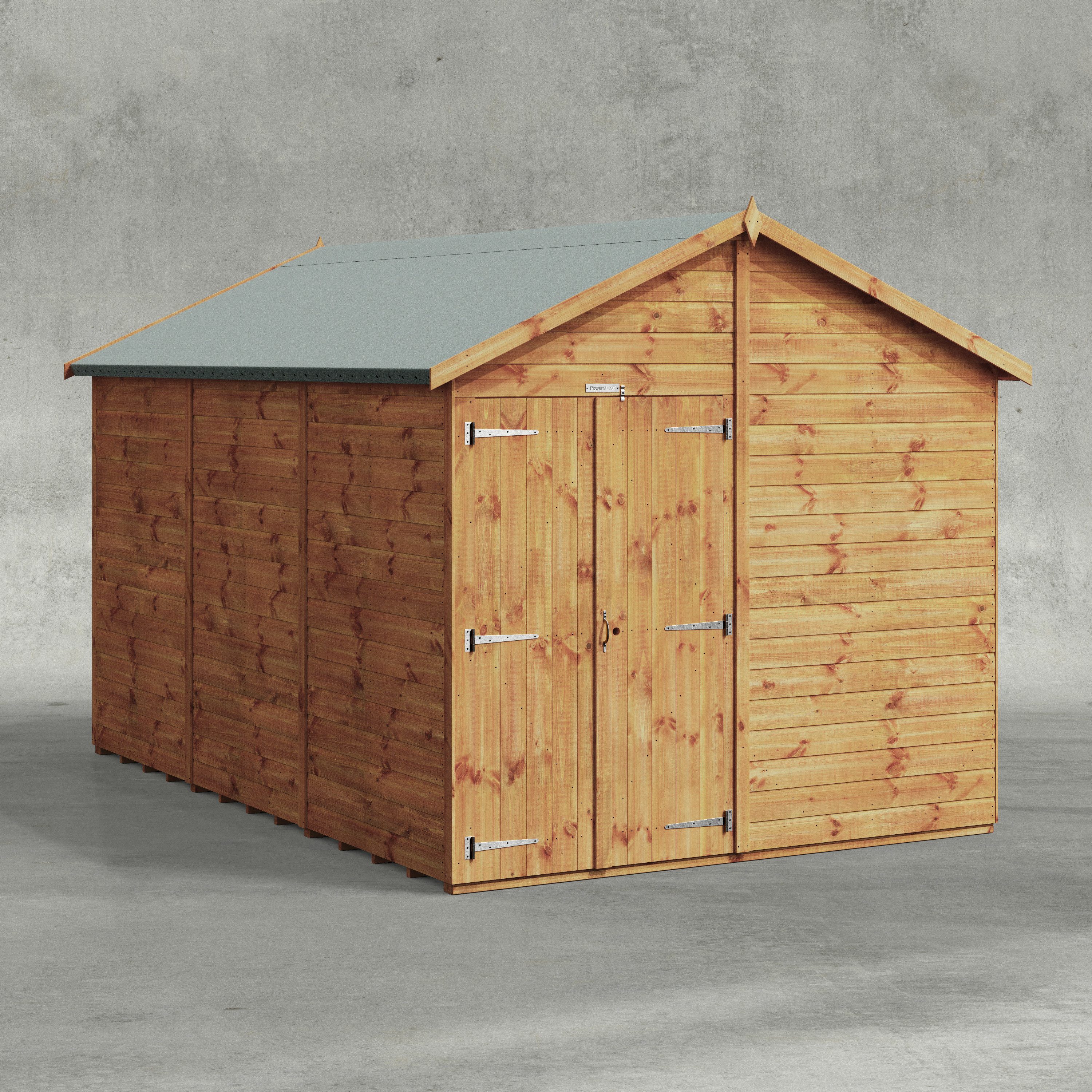 Powersheds Gartenhaus mit Satteldach aus Nut- und Feder Vollholz mit Doppeltür ohne Fenster, BxT: 360x240 cm, (Polyester-verstärkte Dachpappe, gehärtetes Glas, hochwertiges Holz), Hochwertiges Holz