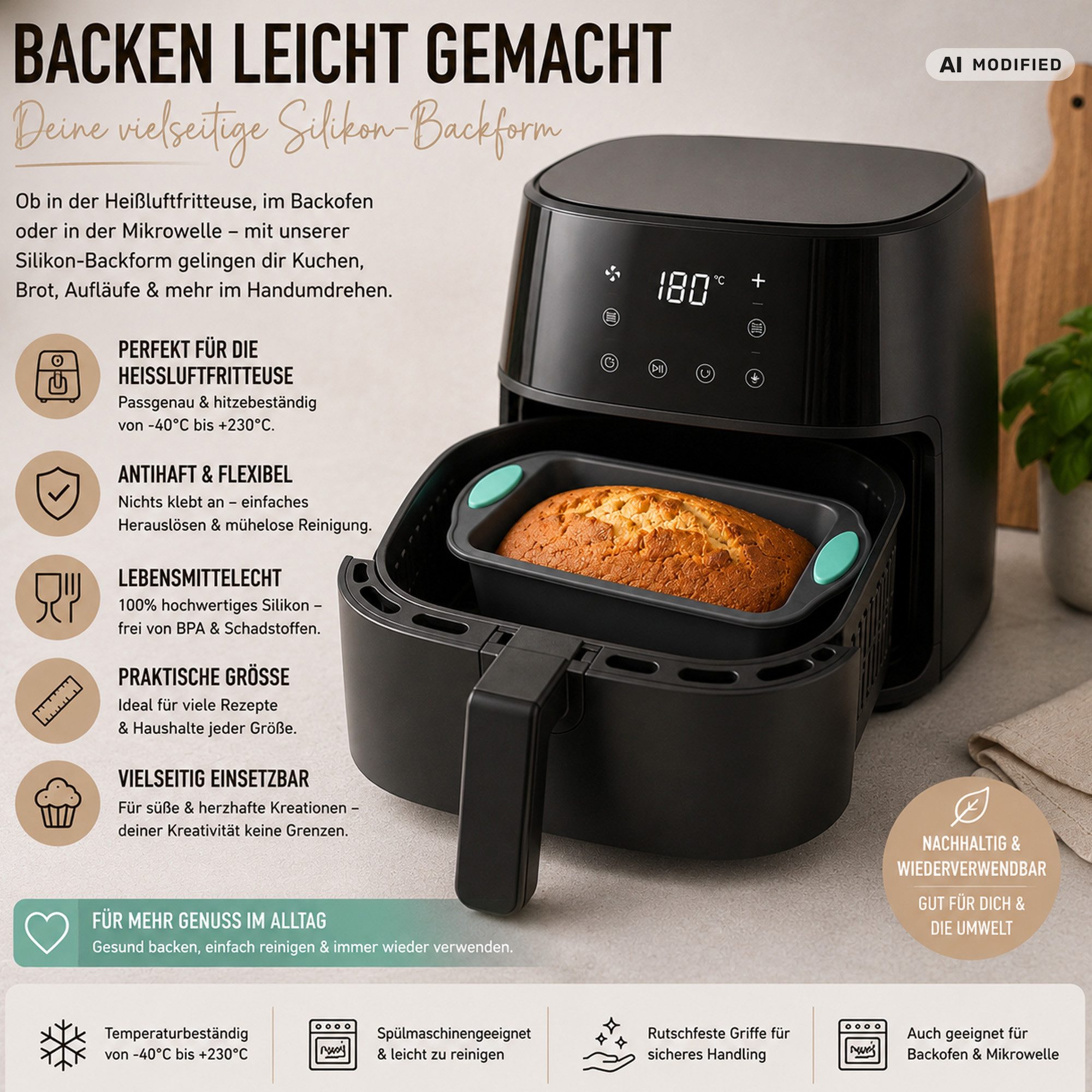 Bestlivings Silikonform für AirFryer, (1-tlg), 20x10x5,5cm, BPA-frei - wiederverwendbar, lebensmittelecht bis 230°C – Bild 4 von 5