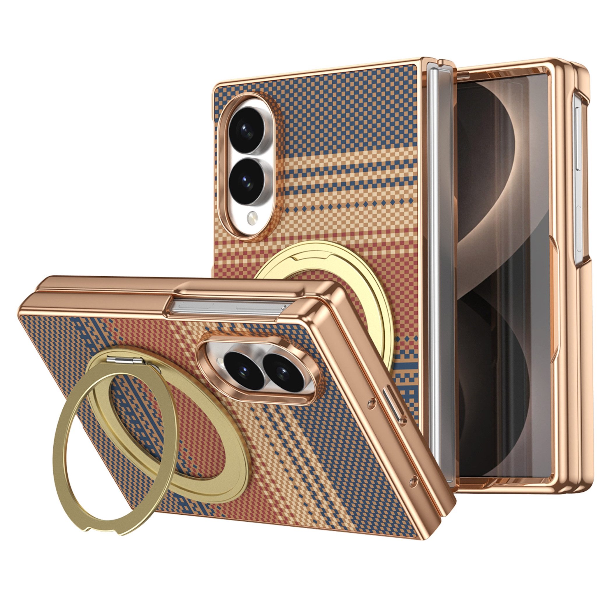 Wigento Handyhülle Samsung Galaxy Z Fold8 5G Dreh Kipp Magnetring H9 Schutzglas Gold 6,90 und 4,1 Zoll, Scharnier Schutz, Displayschutz, erhöhte Ränder, Magnetisch