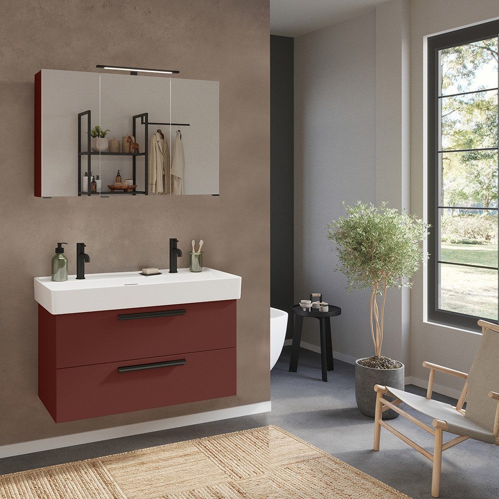 Lomadox Badmöbel-Set ATELLA-03, (Spar-Set, 2-St., Waschtisch Spiegelschrank), in rot, mit 100 cm Keramik-Waschbecken für 2 Armaturen