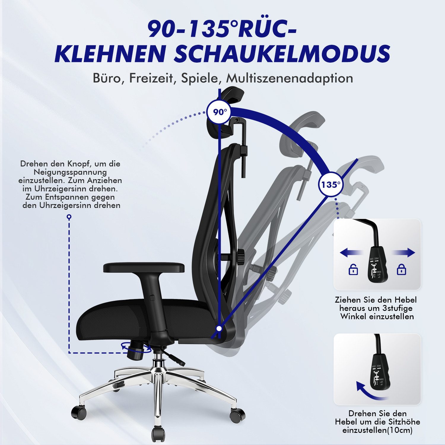 Lexzurn Bürostuhl Bürostuhl ergonomisch, Schreibtischstuhl 3D Memory-Schaum Lendenstütze (Wippfunktion bis 135°, Bis 200kg Belastar, Atmungsaktiv Mesh), Höhenve – Bild 3 von 5