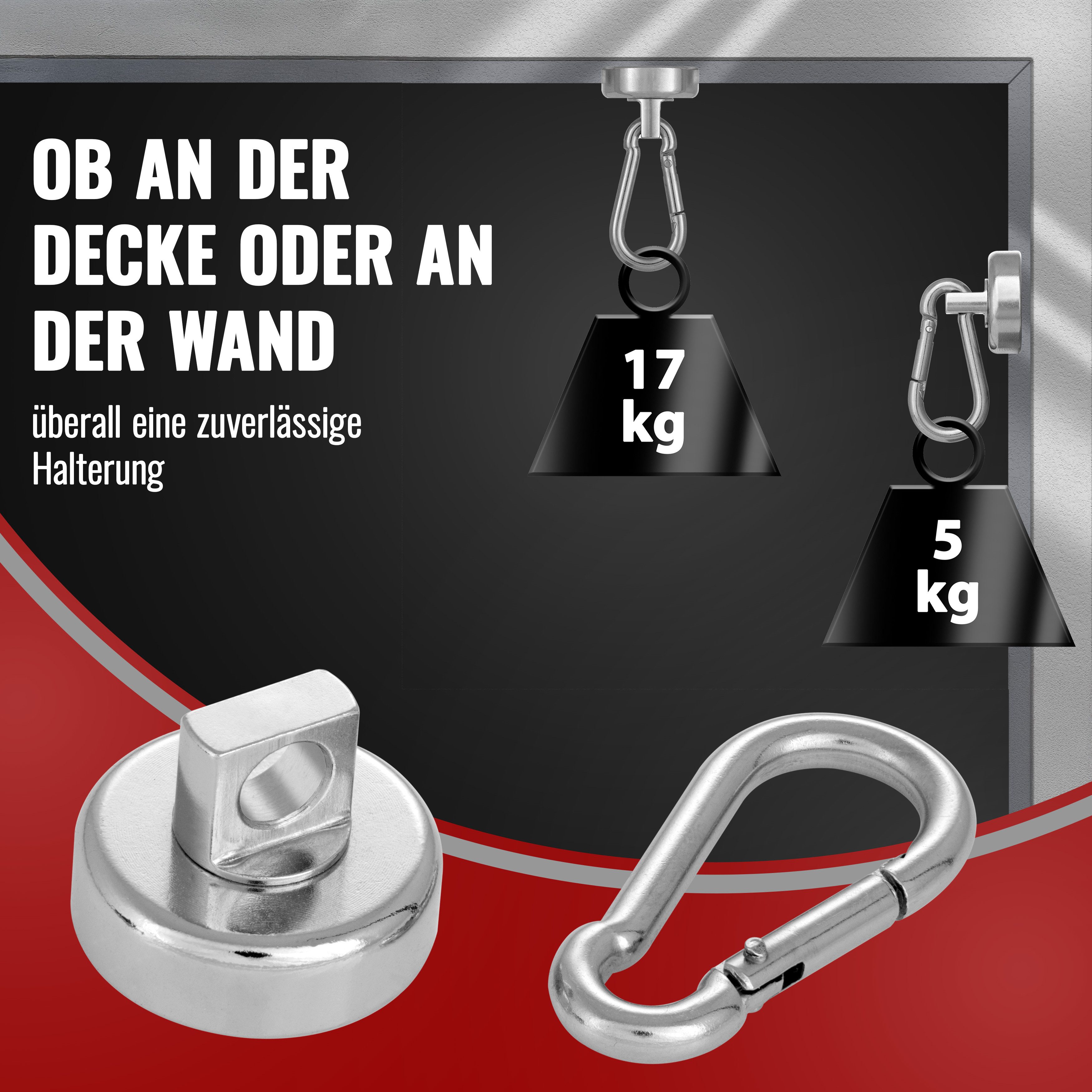 Poppstar Wandhaken Magnet-Karabiner stark, für Wand oder Decke, (4-St), Neodym Haken-Magnete mit drehbarem, abnehmbarem Karabiner – Bild 3 von 5