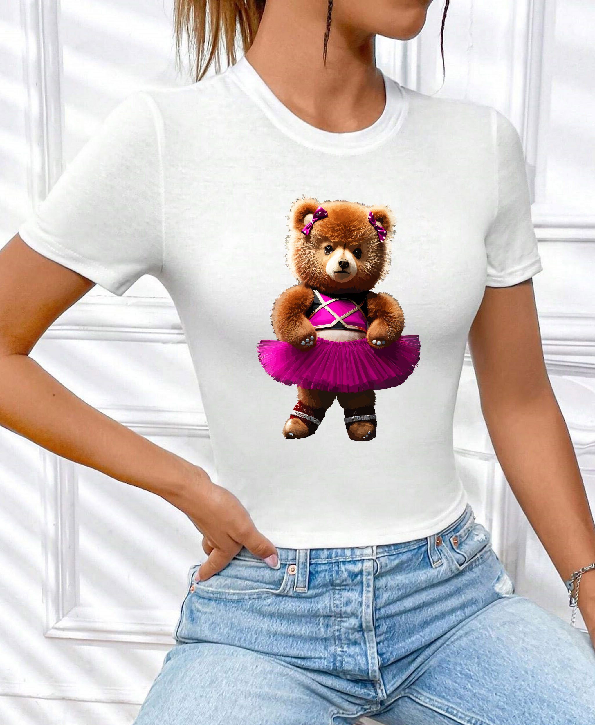 RMK Print-Shirt Damen Shirt Top kurzarm Freizeit Rundhals "Cat Katze" in Unifarbe, aus Baumwolle