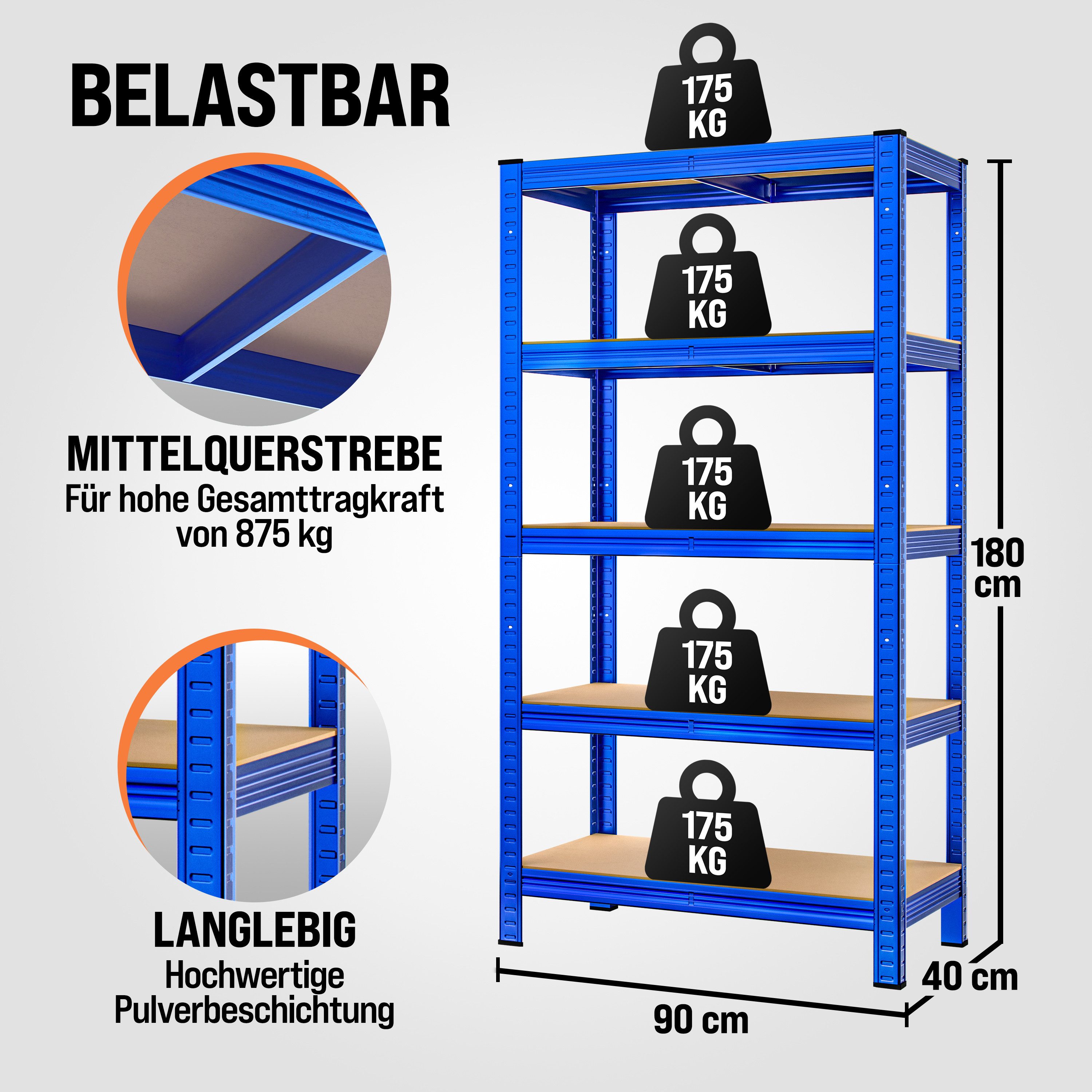 monzana Schwerlastregal, 180x90x40cm 875kg blau 5 günstig online kaufen