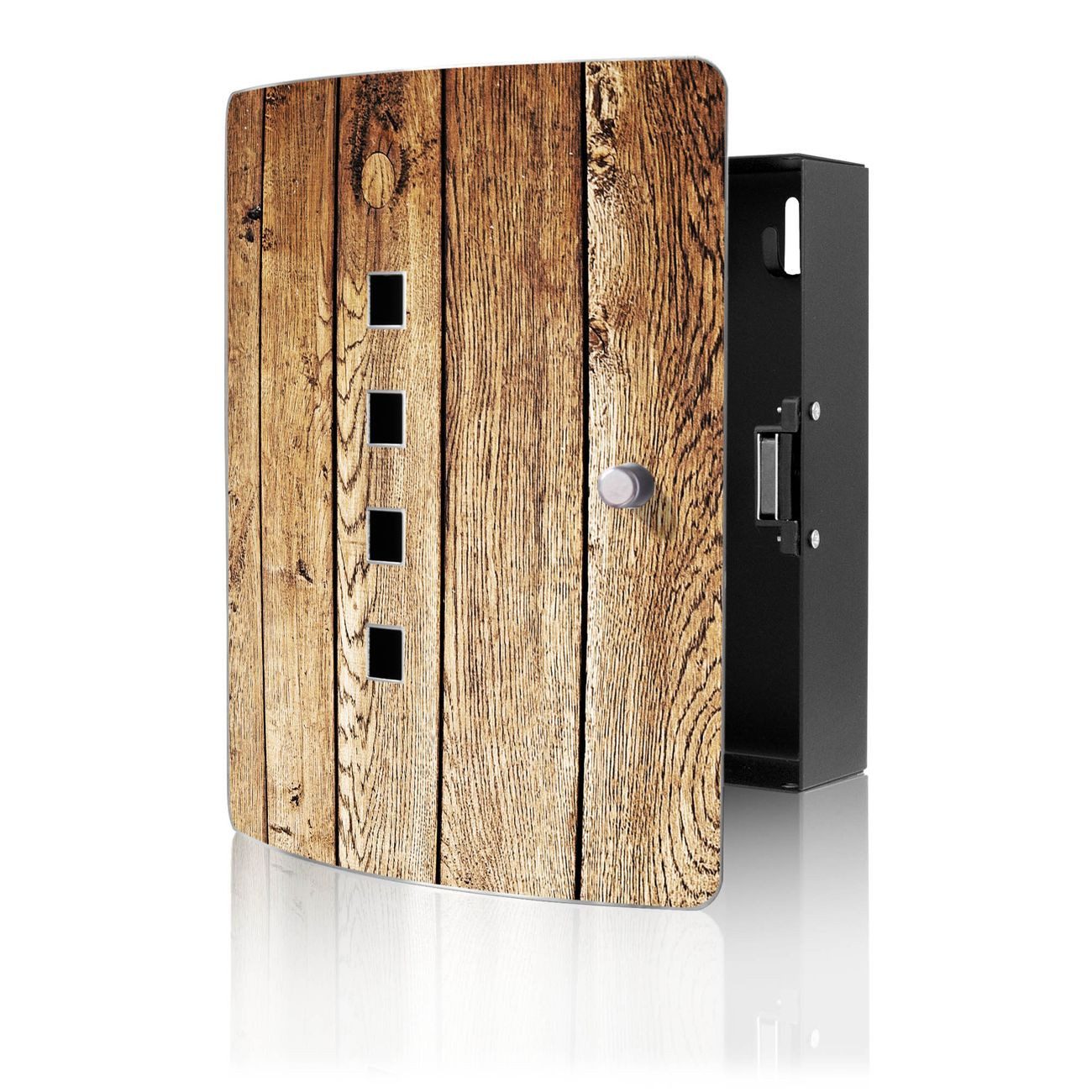 banjado Schlüsselkasten Edelstahl mit Motiv Geöltes Holz (verstellbarer Magnetverschluss, mit 10 Haken, gebogene Tür, einstellbarer Magnet), 24 x 21,5 x 7 cm