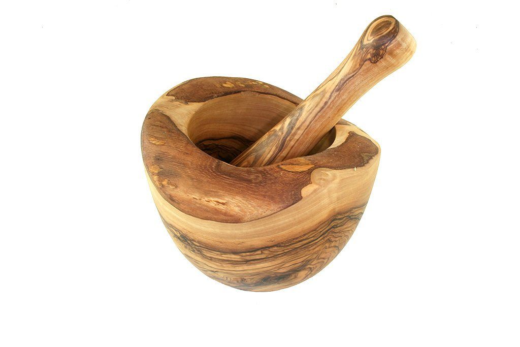 Olivenholz-erleben Mörser Durchmesser ca. 12 cm aus Olivenholz mit Stößel – rustikal, massiv, (Set, 2-tlg), Handgefertigter Olivenholz-Mörser – jedes Stück ein natürliches Unikat