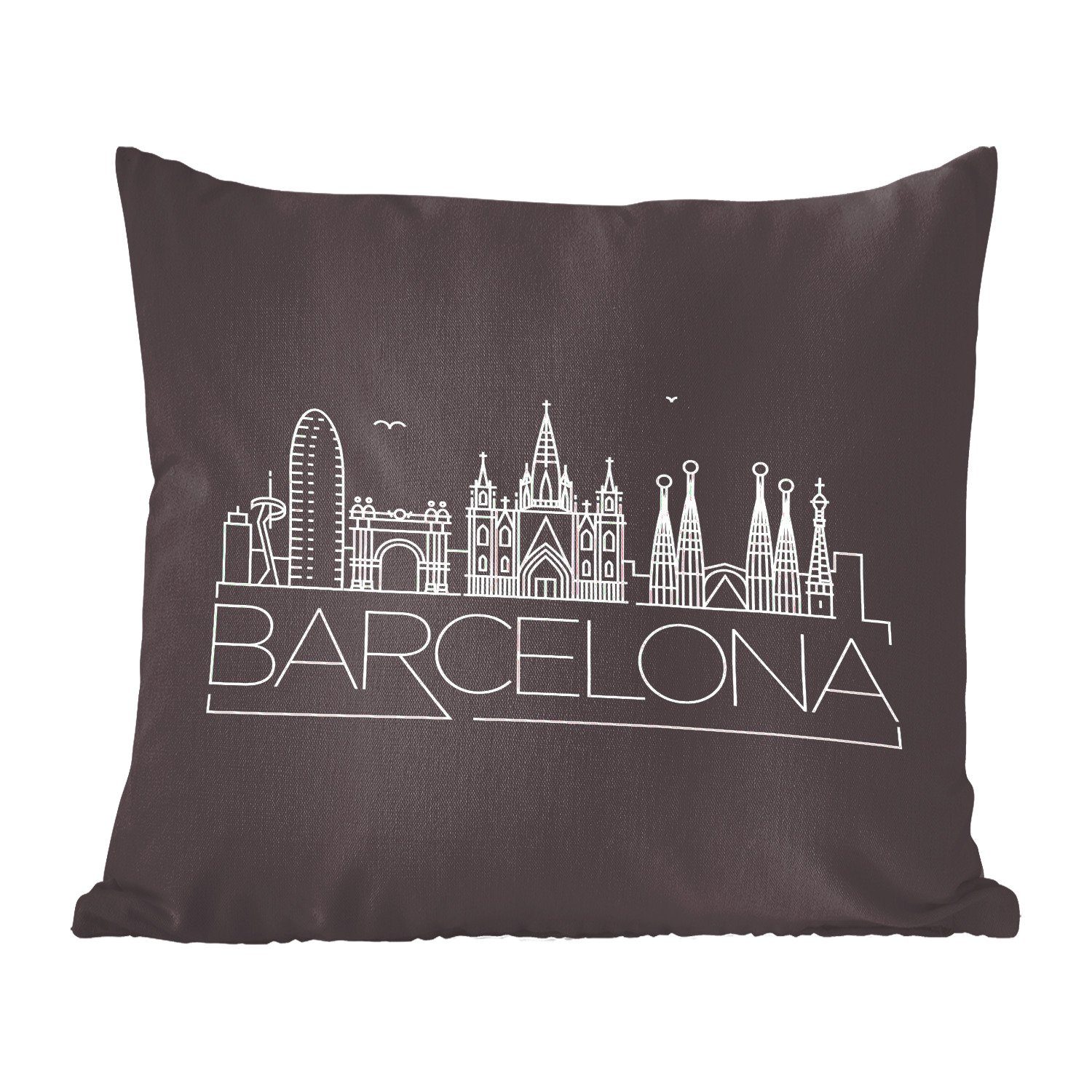 MuchoWow Dekokissen Skyline "Barcelona" weiß auf schwarz, Zierkissen mit Füllung für Wohzimmer, Schlafzimmer, Deko, Sofakissen