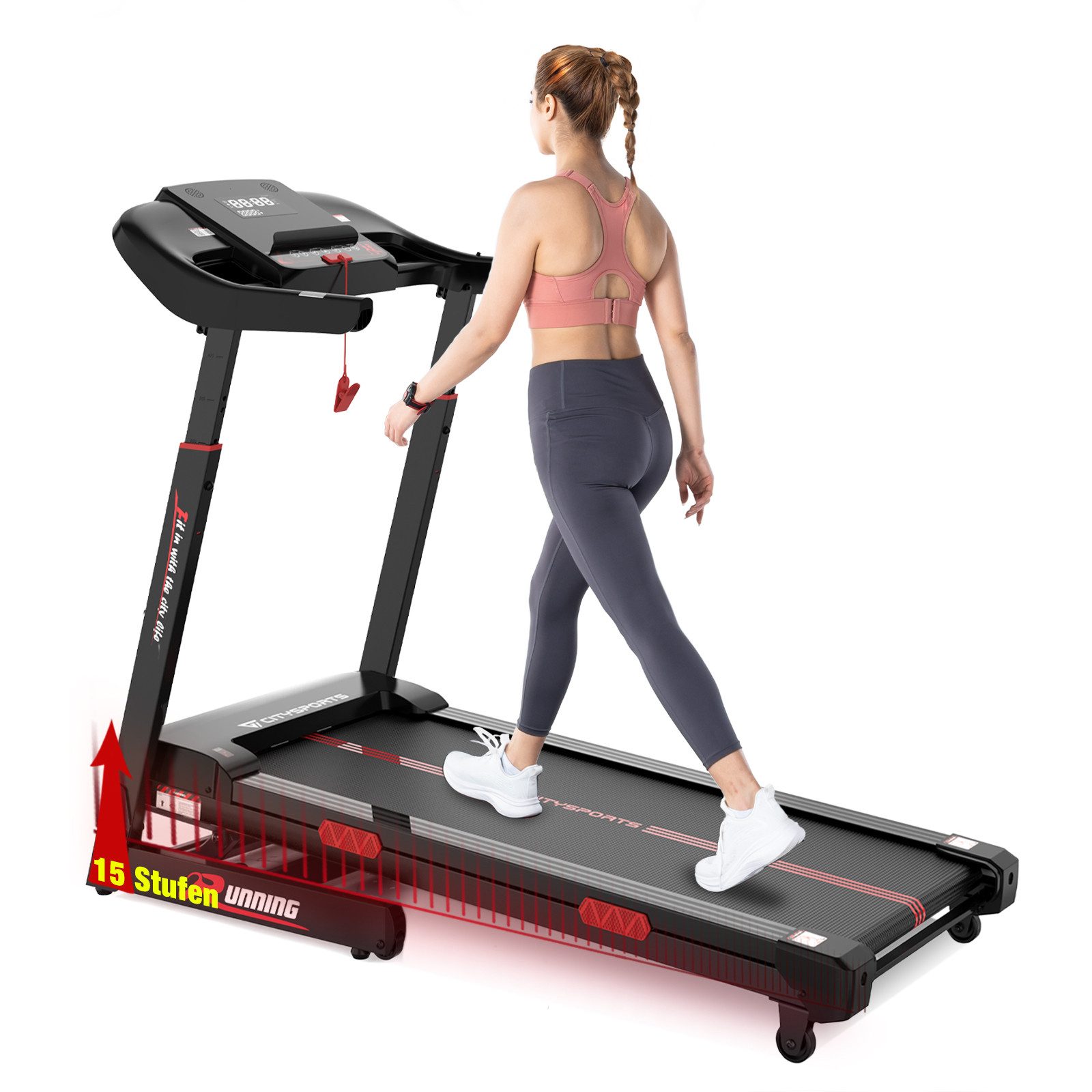 CITYSPORTS Laufband Laufband für zu Hause, Elektrischer Winkellift 15 St. mit Bosch motor, Mit Puls Max Tragfähigkeit 200kg, 2200W Motor Walking-Jogging-Pad