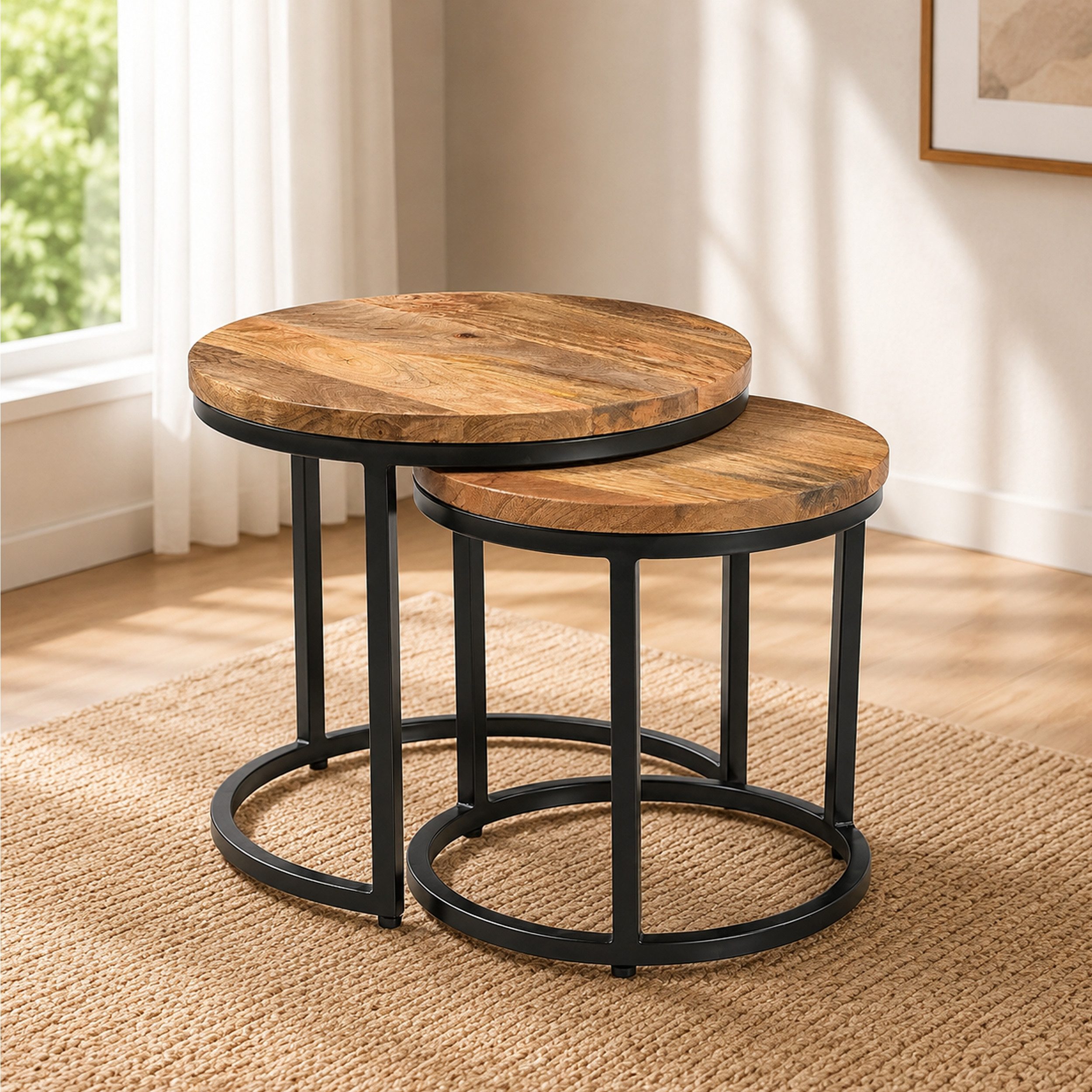 iAnanas Satztisch Satztisch rund aus Massivmangoholz Metallbeinen Industrial Wohnzimmer (Runder Sofatisch 2er Set Massivholz Beistelltische Industrial Design, 2-St., Satztisch-Set), 2er Couchtisch Set Rund Holz Beistelltische Modern Loft Design