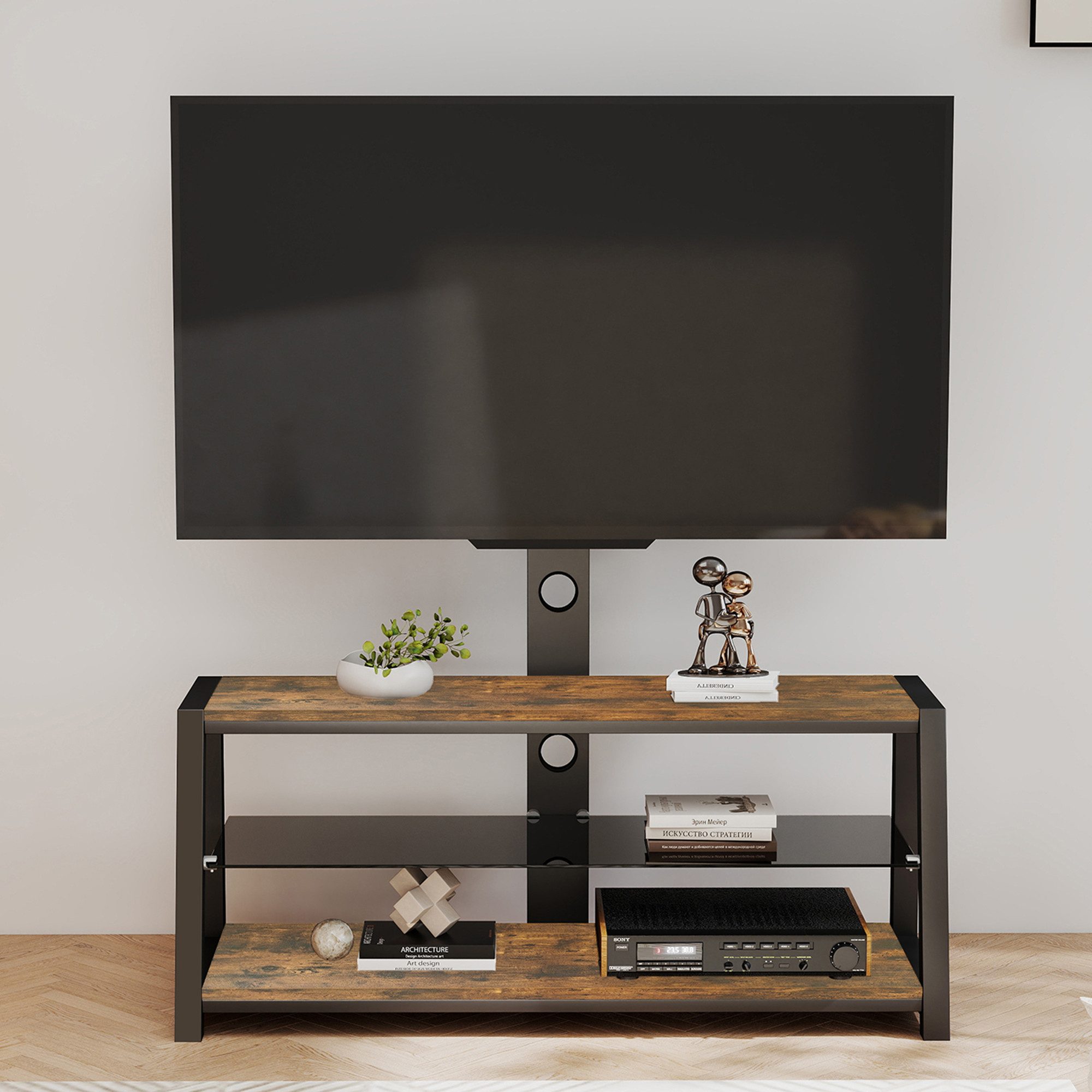 HAUSS SPOLE TV-Schrank höhenverstellbar,TV-Ständer mit Wandhalterung,Dreistufiges Regal,braun (höhenverstellbare mobile TV-Wagen, mit mittlere Ablage aus gehärtetem Glas) für Wohnräume, Schlafzimmer, Büros, Einkaufszentren