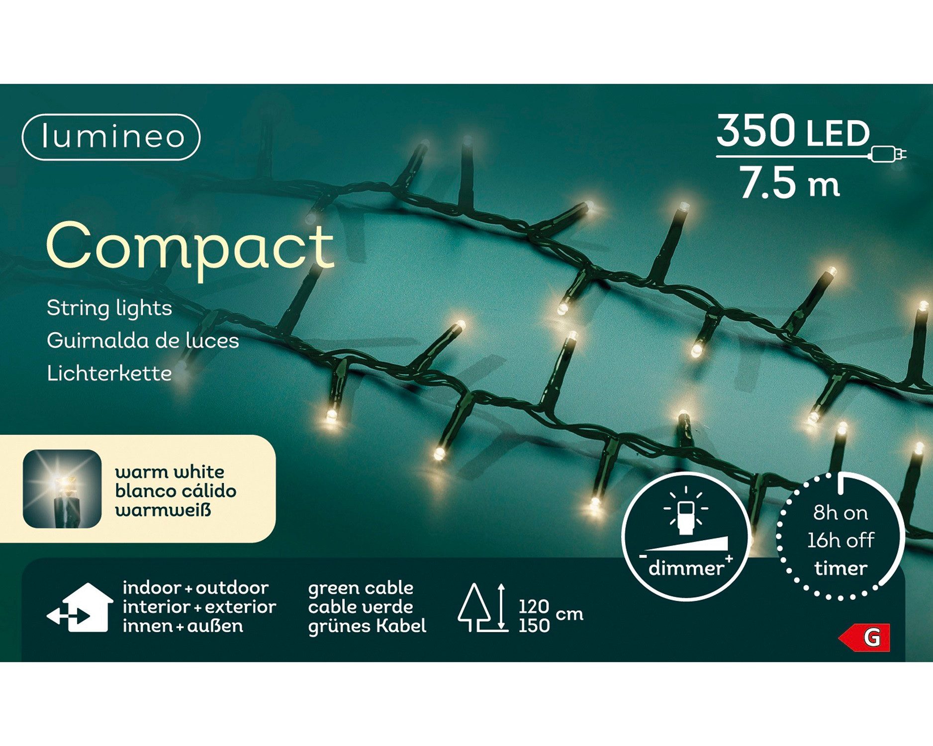 Lumineo LED-Lichterkette Lumineo Lichterkette COMPACT 350 LED 7,5 m, warm weiß, grünes Kabel, Indoor/Outdoor, dimmbar, 8h-Timer, 5 m Zuleitung
