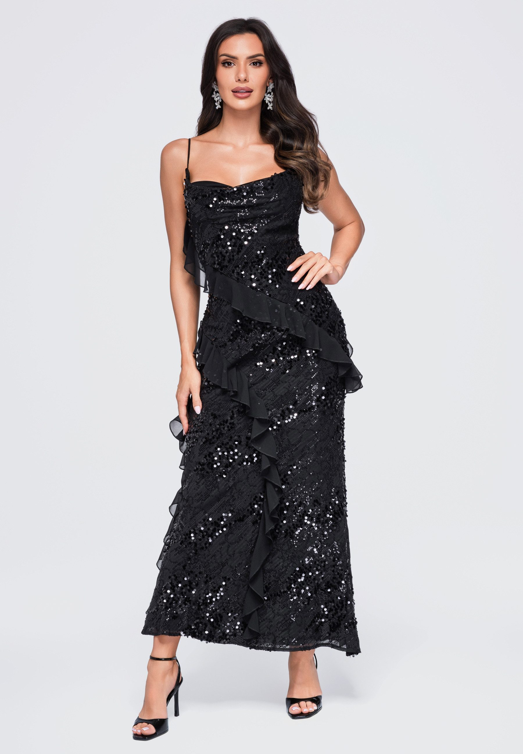 OMBRE Abendkleid Damen Abendkleid Maxi mit asymmetrischen Rüschen Schwarz S (kein Set, 1-tlg) in Unifarbe