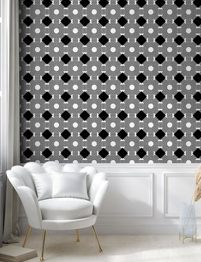 Abakuhaus Vinyltapete selbstklebendes Wohnzimmer Küchenakzent, Schwarz und Weiß Art-Déco-Mosaik