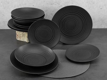 CreaTable Tafelservice Geschirr-Set Lava Stone (12-tlg), 4 Personen, Steinzeug, Service, schwarz, Reliefdekor, Made in Europe, 12 Teile für 4 Personen