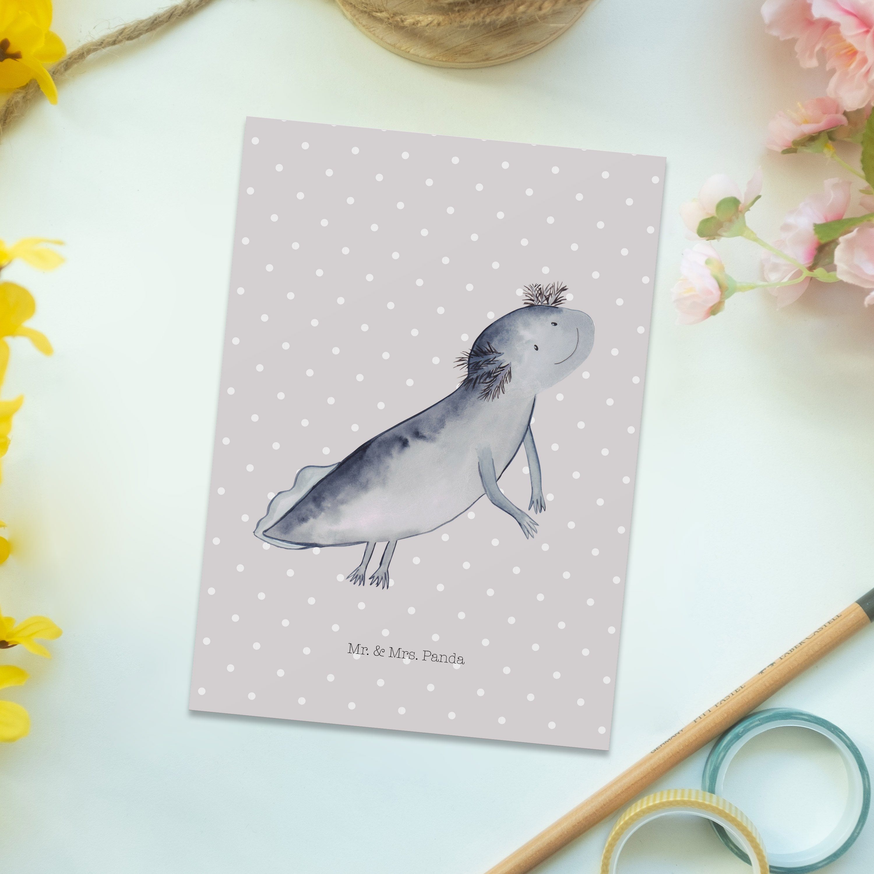 Grußkarte, & schwimmt Mrs. Mr. - Postkarte - Pastell Axolotl Geburtstagskar Geschenk, Panda Grau