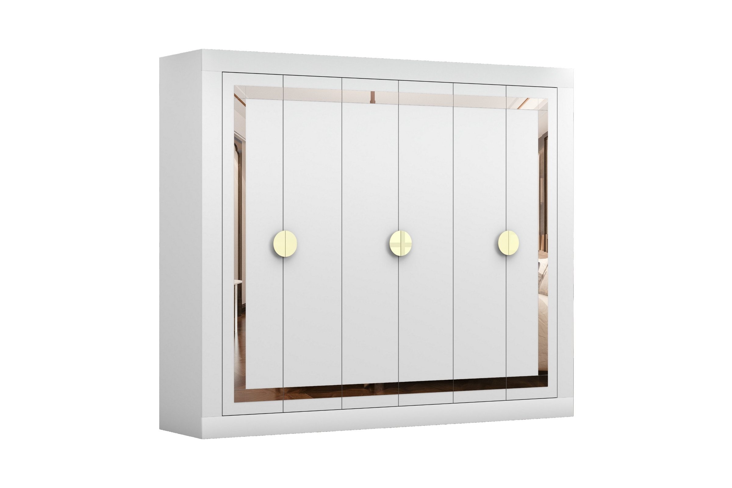 Deine Möbel 24 Kleiderschrank GOLDEN 6D 230 cm breit in Weiß/Gold (Einzelmöbel, Teil der GOLDEN-Kollektion) Dekoratives Spiegelelement, goldfarbene Griffe, klassische Drehtüren