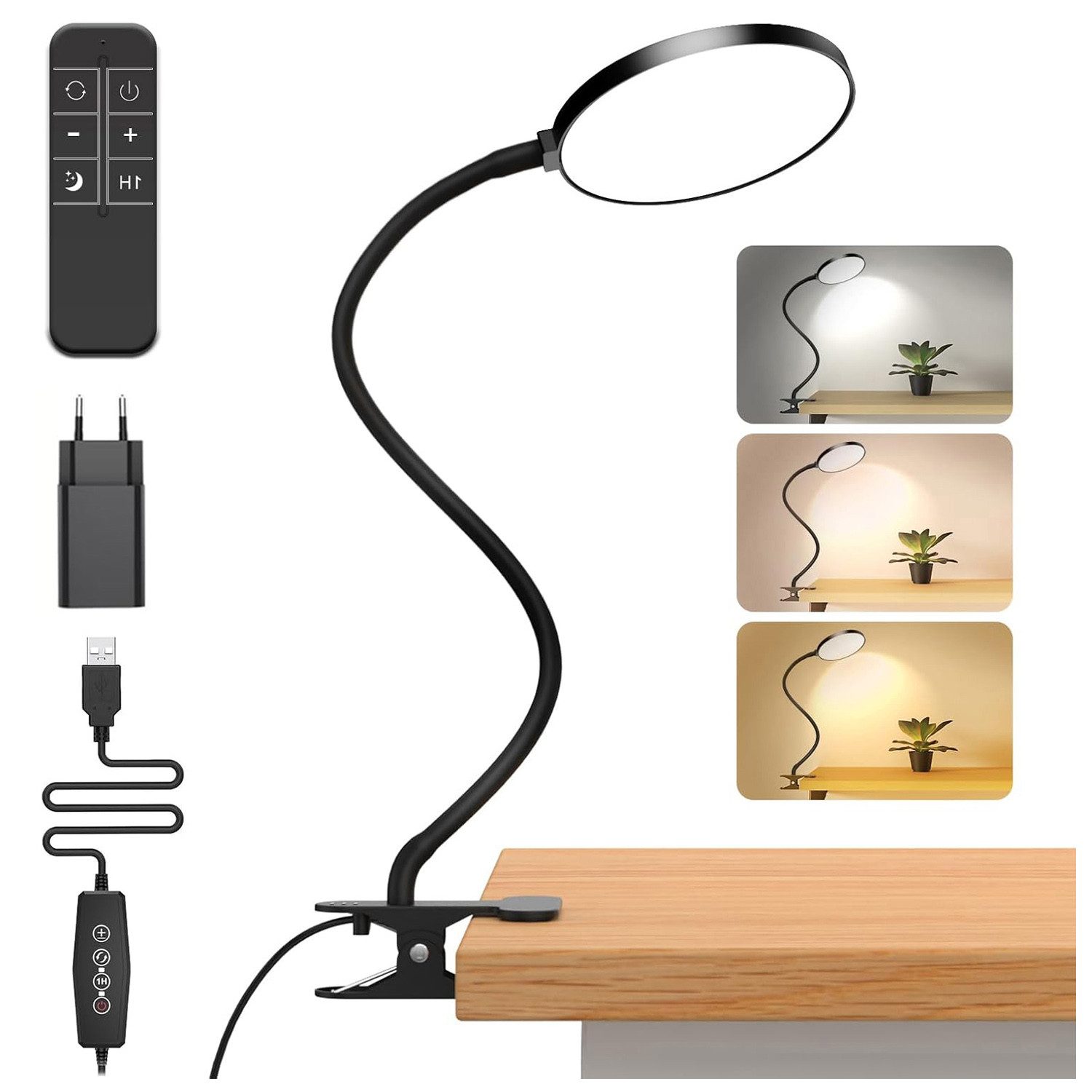 Rosnek LED Leselampe LED Klemmleuchte Dimmbar 3 Lichtfarben, Schreibtischlampe Flexibel 5W, Leselampe Timer Φ12cm USB Stecker für Arbeitszimmer Schlafzimmer Büro