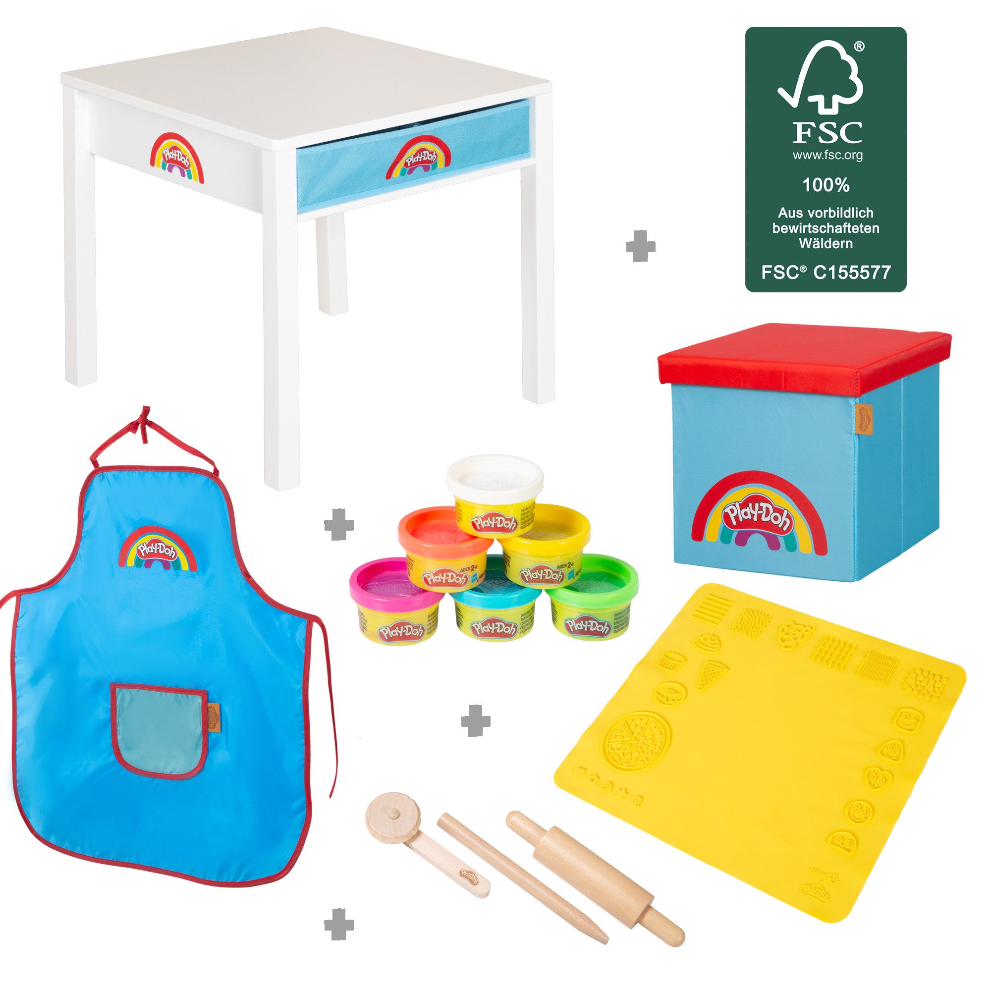 roba® Kindertisch roba x Play-Doh - Basteltisch aus Holz mit Hocker (Tisch, Hocker, Play-Doh Knete, Modelierwerkzeuge, Knetmatte, Schürze), Spielset aus FSC-zertifiziertem Holz - Perfektes Geschenk ab 3 Jahren