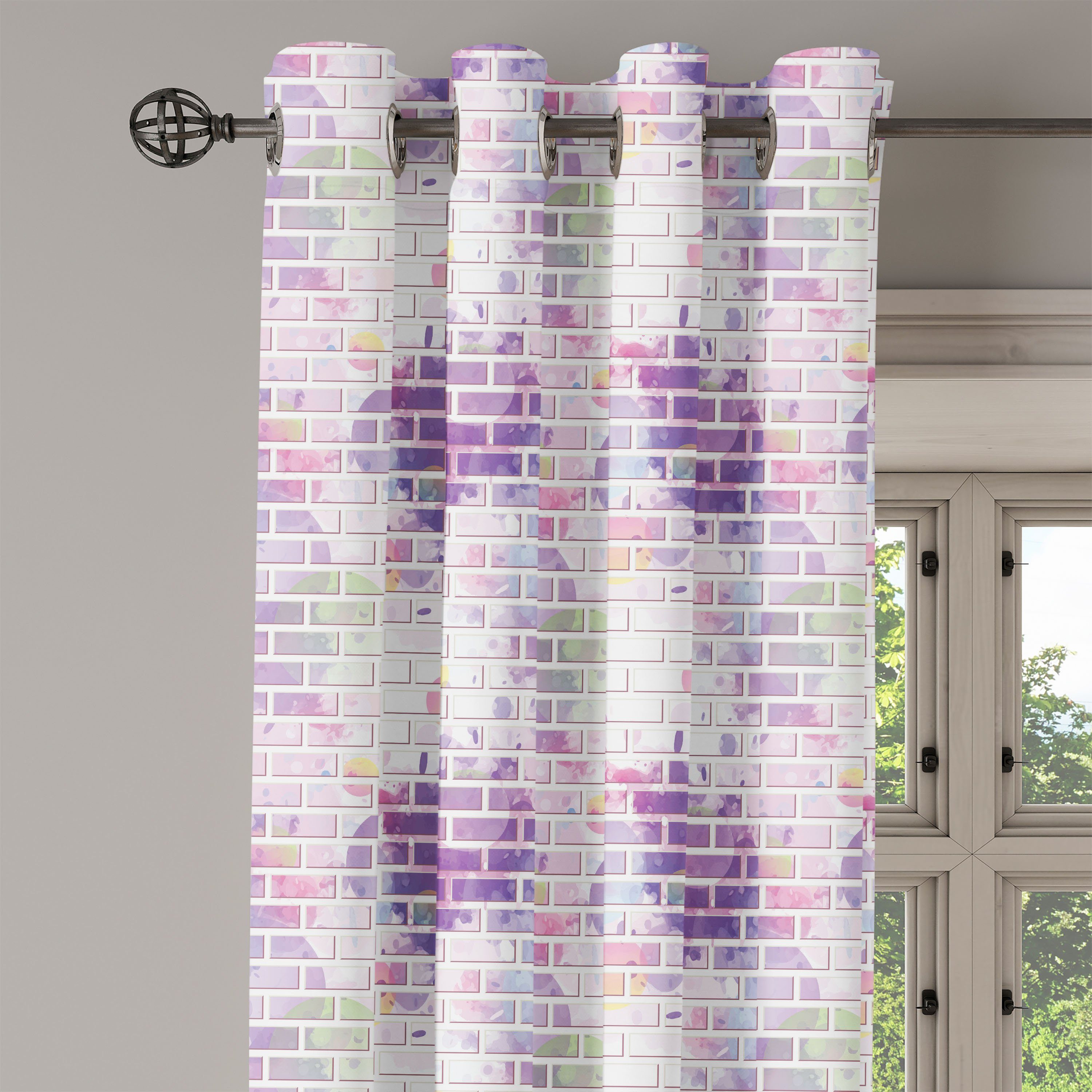 Graffiti 2-Panel-Fenstervorhänge Violett für Schlafzimmer Wohnzimmer, Abakuhaus, Dekorative Vector Gardine Brick