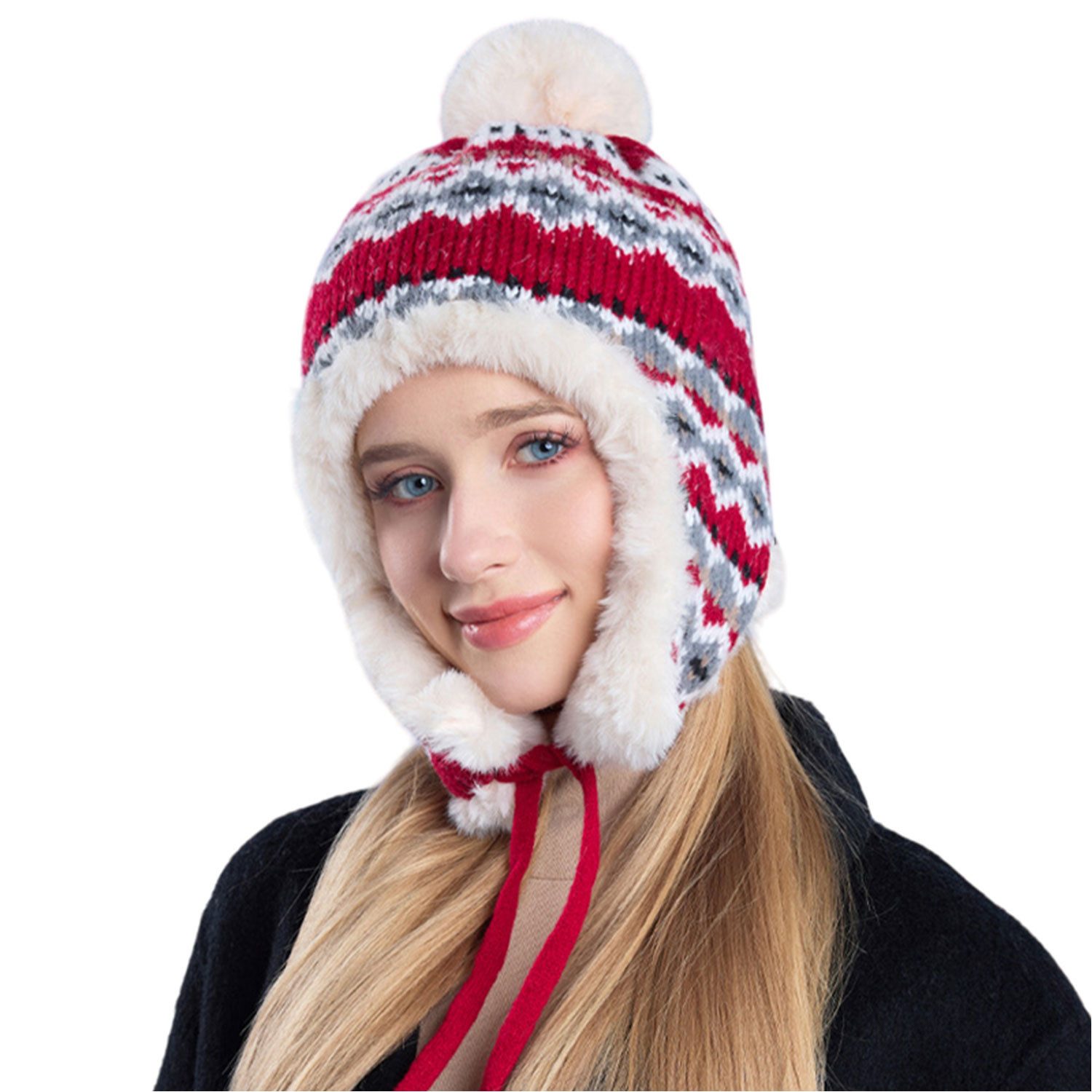 Refttenw Ohrenmütze Plüsch gestrickte Pullover Beanie,Ohrenschützer,Schnürd günstig online kaufen