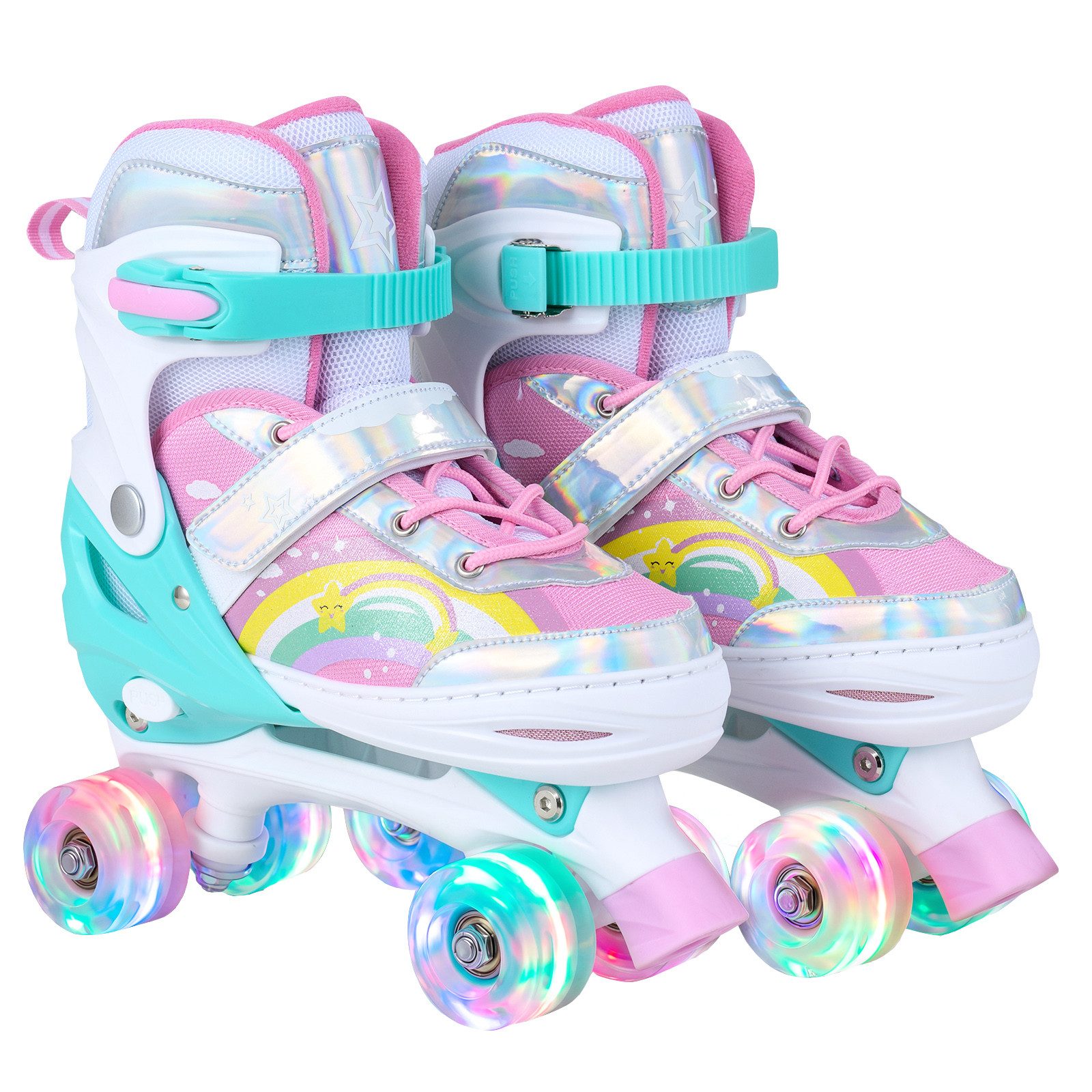 COSTWAY Rollschuhe 4 Größen verstellbar, Quad Skates mit LED Leuchtend Rädern