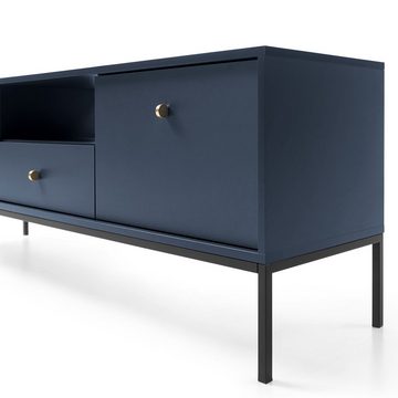 Lomadox Lowboard MALAGA-160, Fernsehschrank in marineblau, Fußgestell schwarz, goldene Griffe