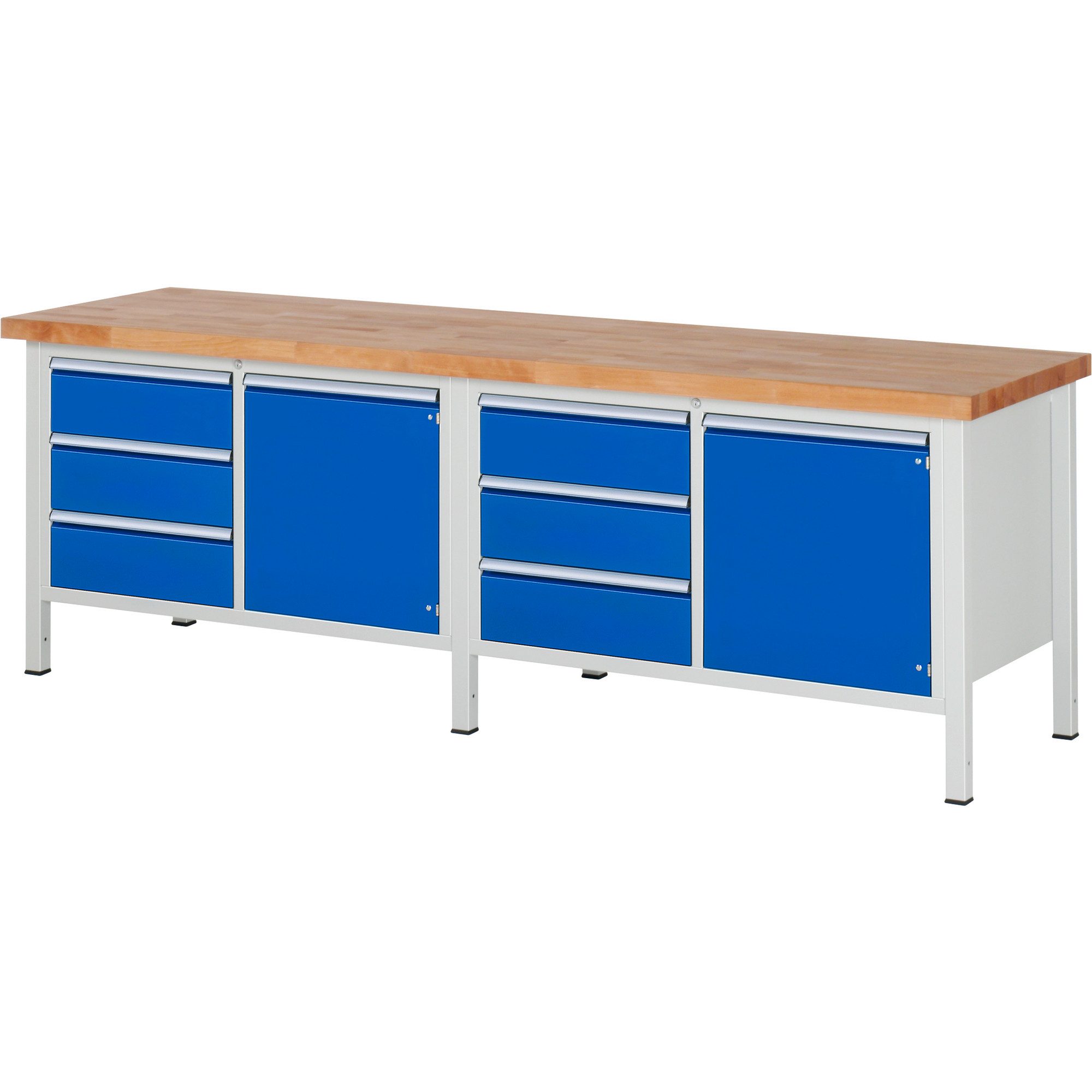 RAU Werkbank Werkbank 2500x700x840-1040mm 6xSchublade-TA 2xTür lichtgrau/enzianblau