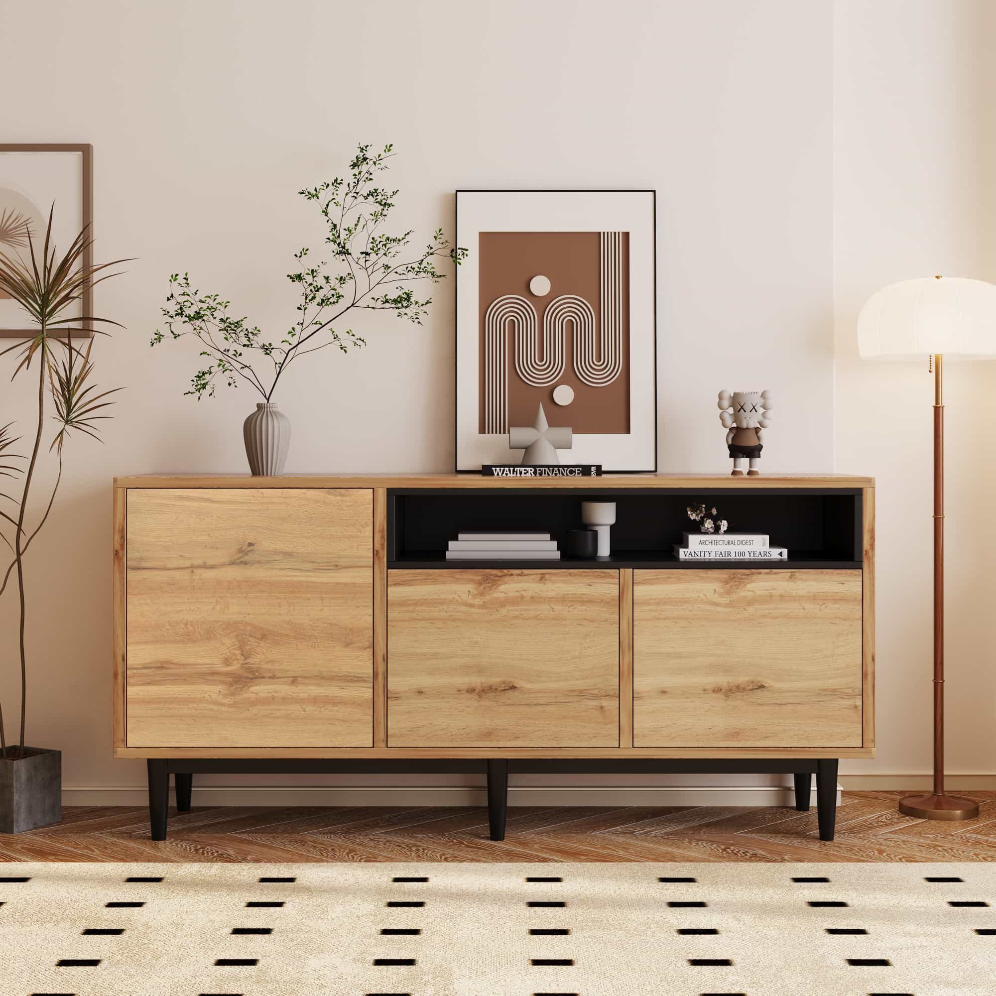 BBWL Sideboard Sideboard aus Holz, 160x35x76 cm,mit 3 Türen & verstellbaren Regalen (modernes Design, platzsparend, stabil & pflegeleicht, einfache Montage, ideal für Wohnzimmer & Essbereich)