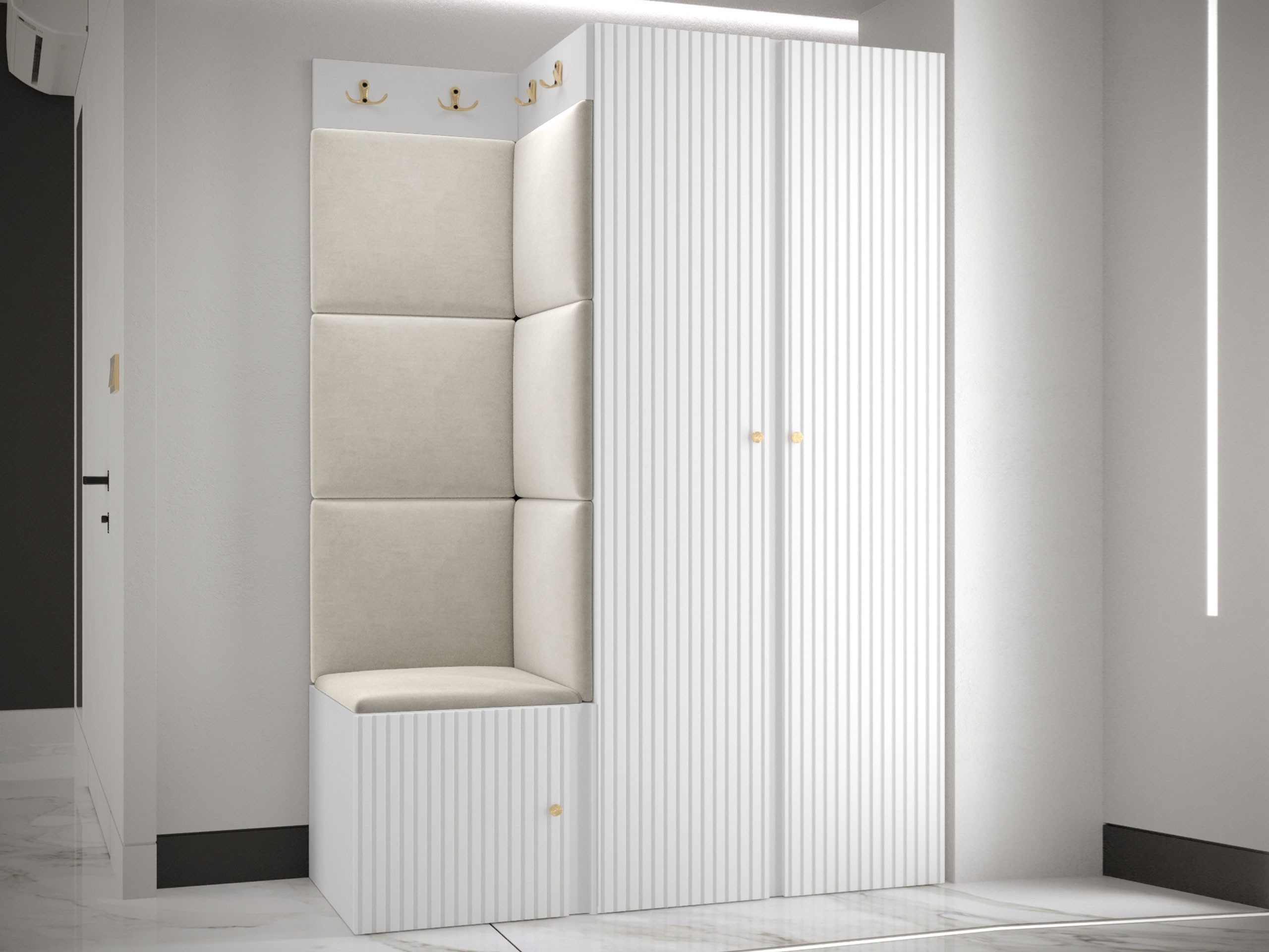 MIRJAN24 Garderoben-Set Orion Ryfel Slim XXIII, (Kleiderschrank, Schuhschrank, Kleiderhakenbrett, 7x Paneel 42x42), 8 Kleiderhaken für Kleidung, Metallgriffe