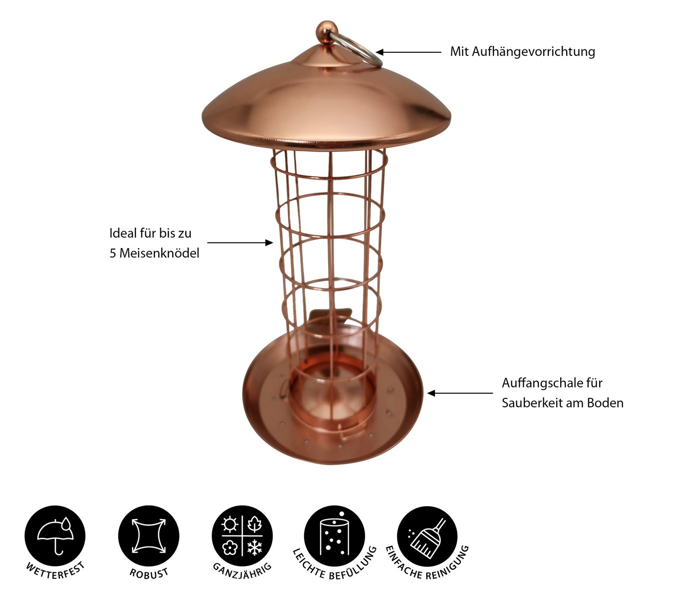 Thumbnail - Dehner Vogelhaus Natura Premium Meisenknödel Futtersäule Joelle, Ø 16 cm, kupfer, aus langlebigem Metall