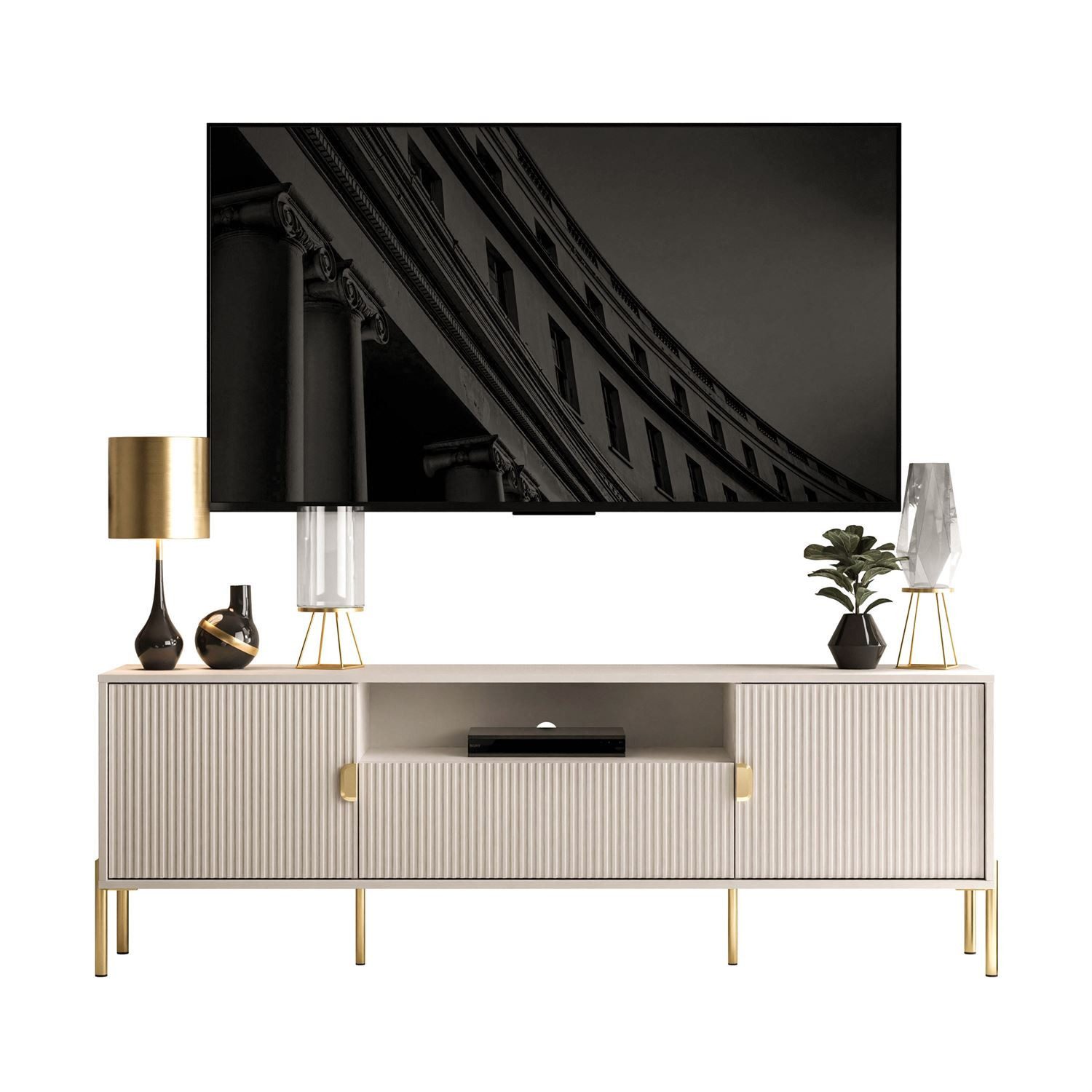 ALLHOUSE24 Lowboard GRANDE 180 Breite geriffelte Front gold Beine und Griffe TV Schrank (1x TV Schrank), Breite 180 cm