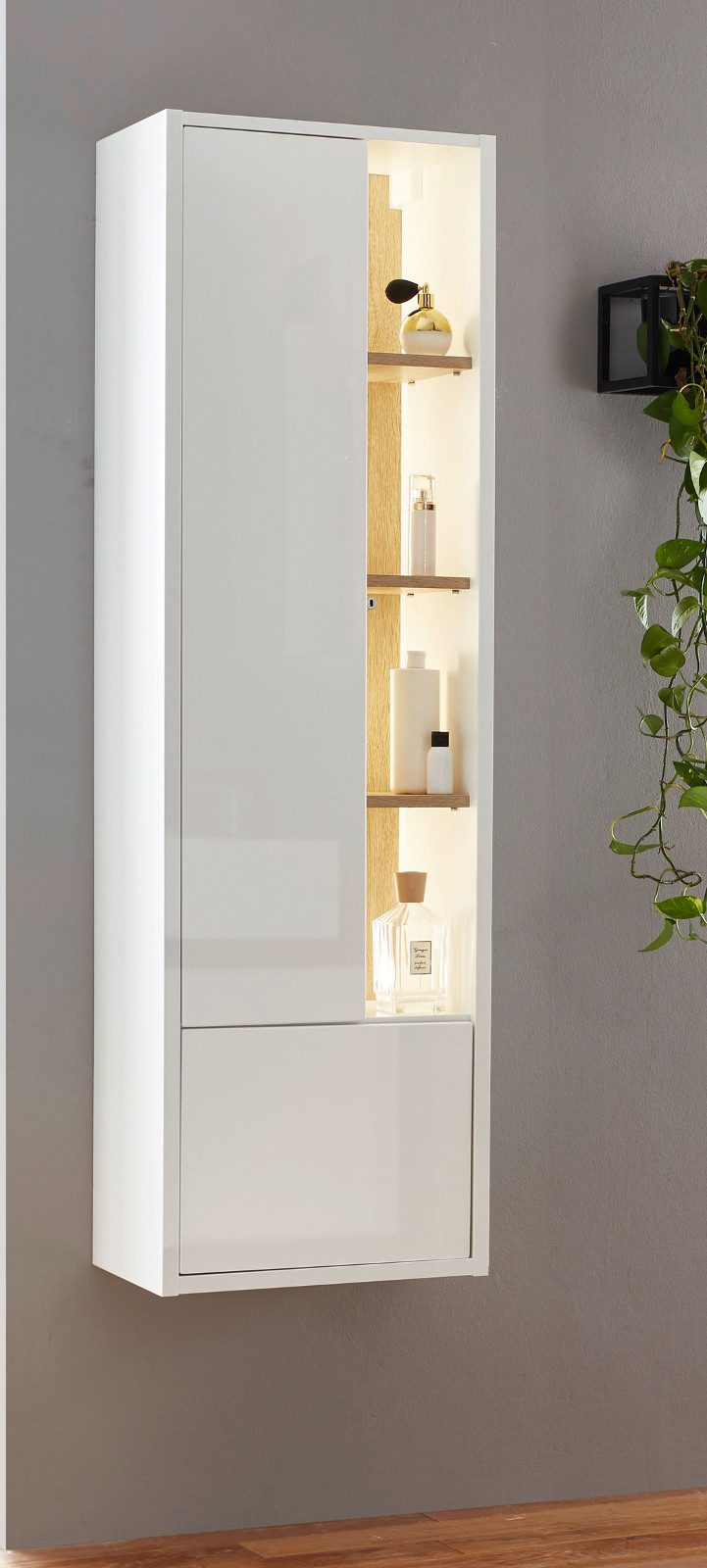 Furn.Design Hochschrank Glide (Bad Hängeschrank weiß Hochglanz mit Eiche, 2-türig, 45 x 150 cm) Push-To-Open-Funktion, inklusive Beleuchtung