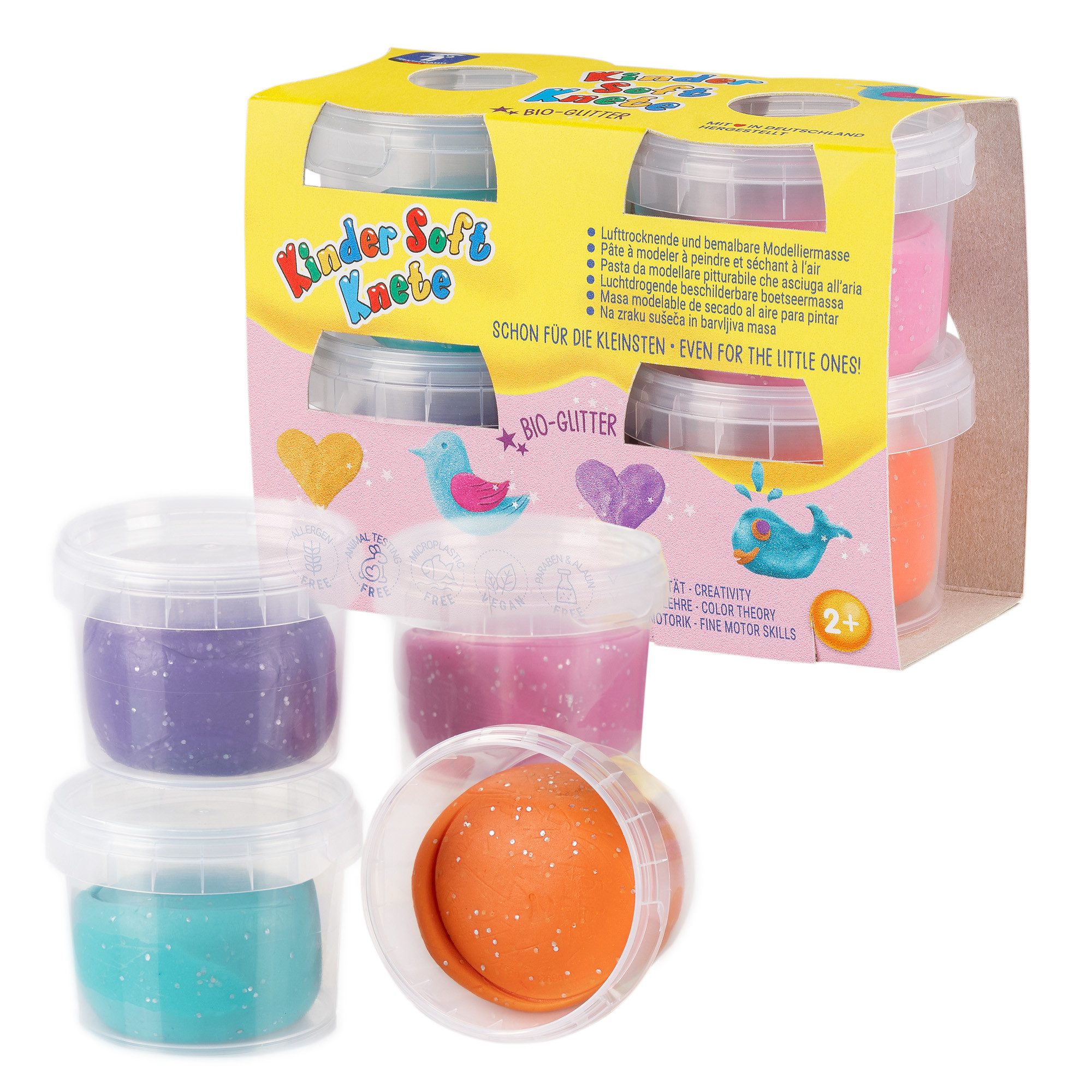 Feuchtmann Knete KINDER SOFT KNETE Mini Sparkle (1-tlg), 4 x 80g weiche Glitzerknete mit Bio-Glitter in praktischen Dosen