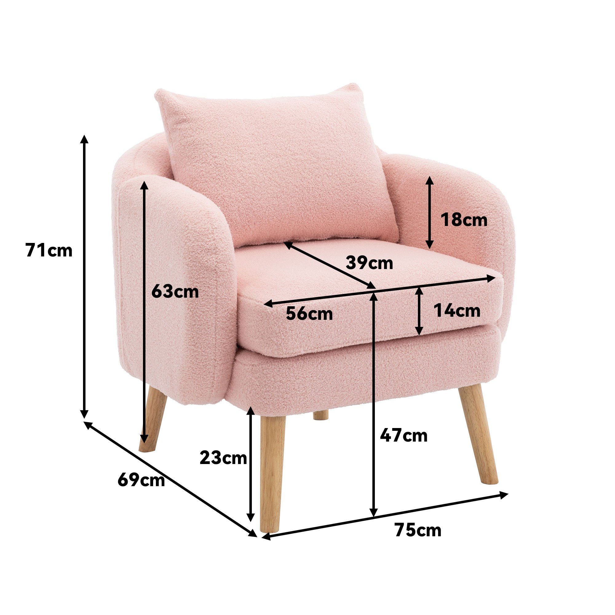 Einzelsessel Loungesessel Sessel (mit Moderner, extra mit OKWISH Polstersessel Beine Kissen, Kissen, schlichter Massivholz), Freizeitsessel Armlehnensessel Teddy-Samtstuhl Sessel rosa aus dickem